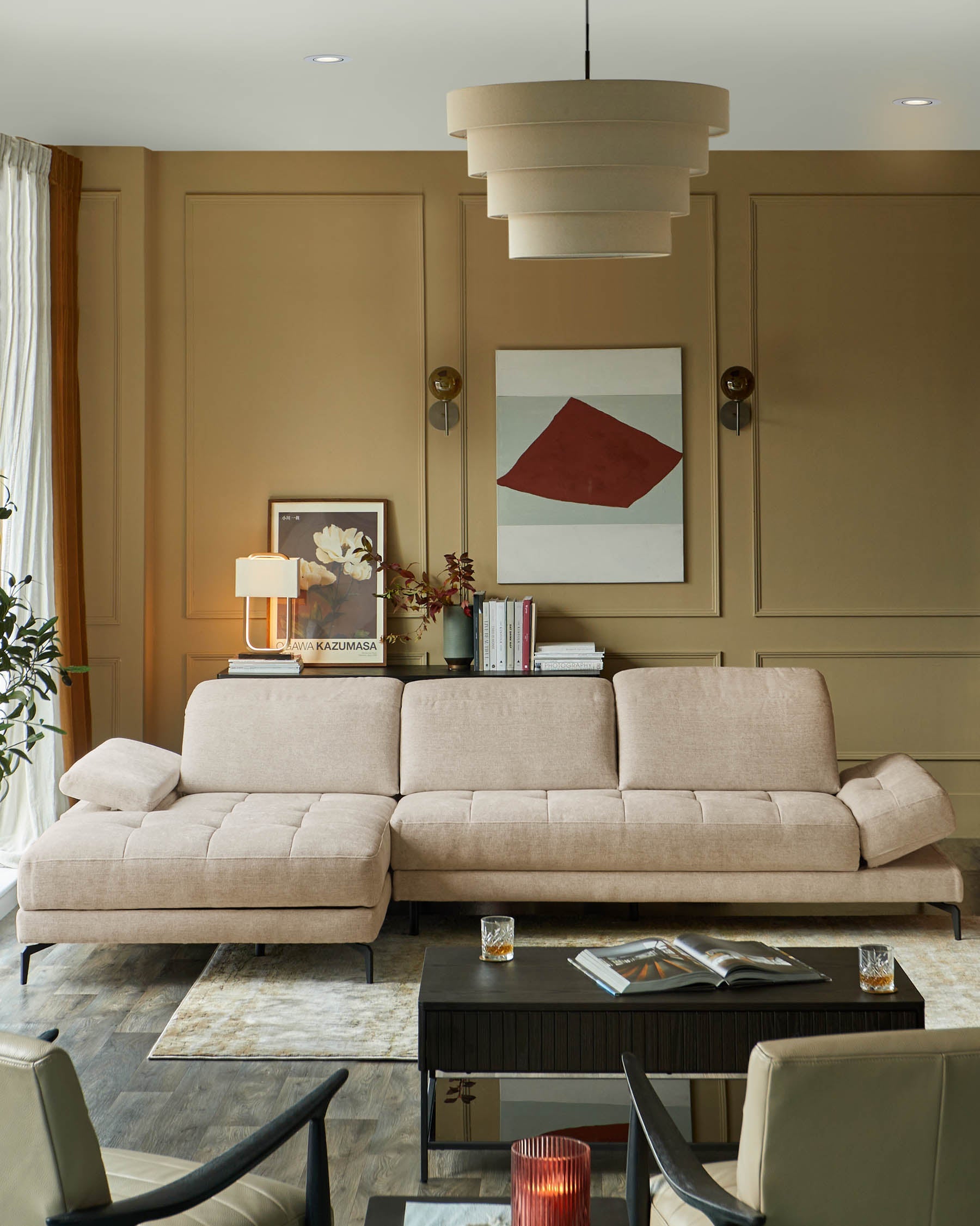 Canapé d'angle gauche Donella en chenille ivoire