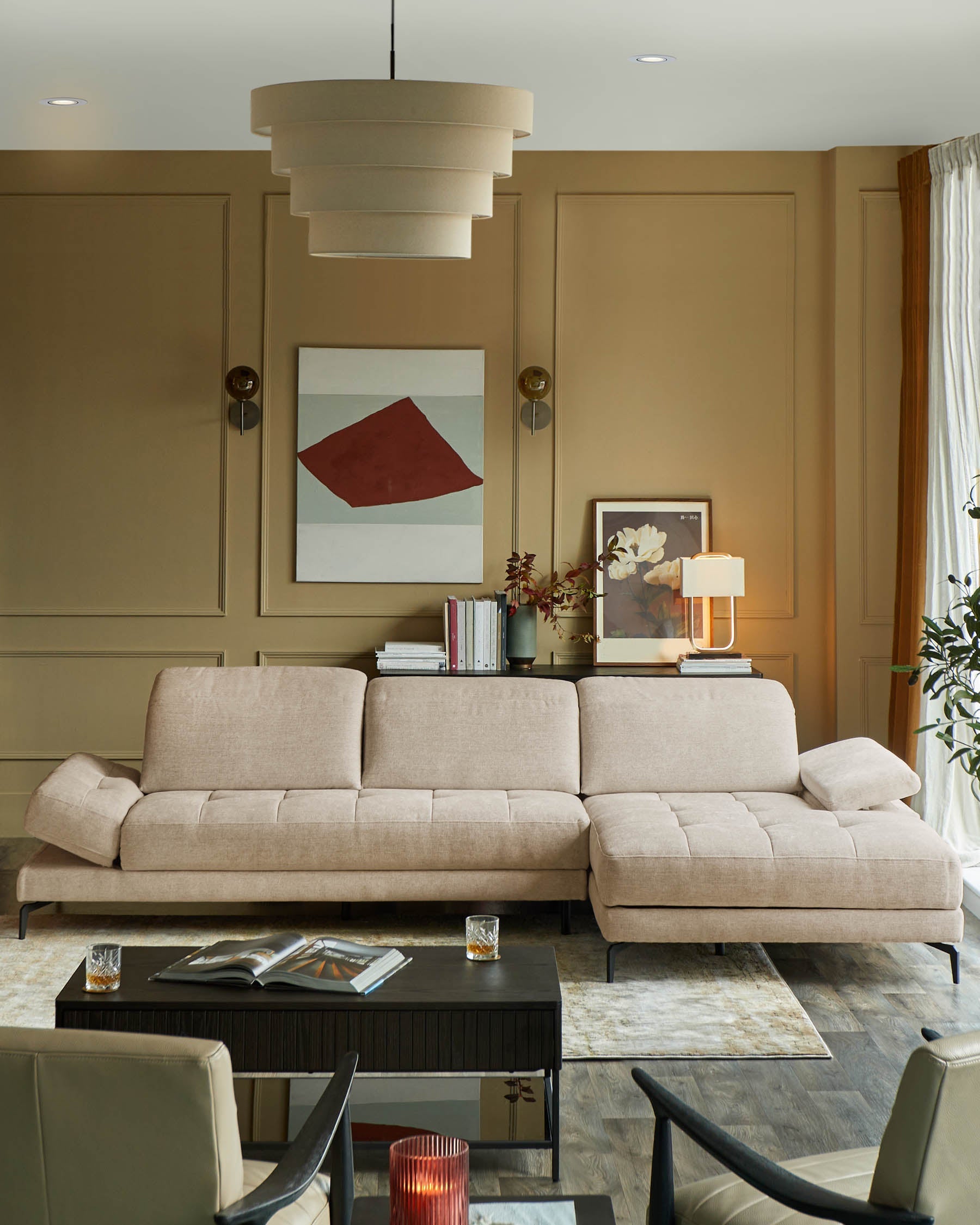 Canapé d'angle droit Donella en chenille ivoire