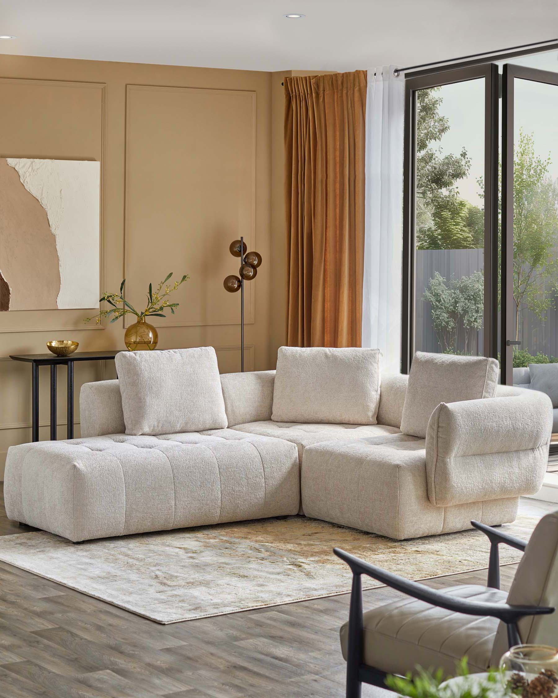 Canapé d'angle Lillian en tissu naturel, méridienne gauche.