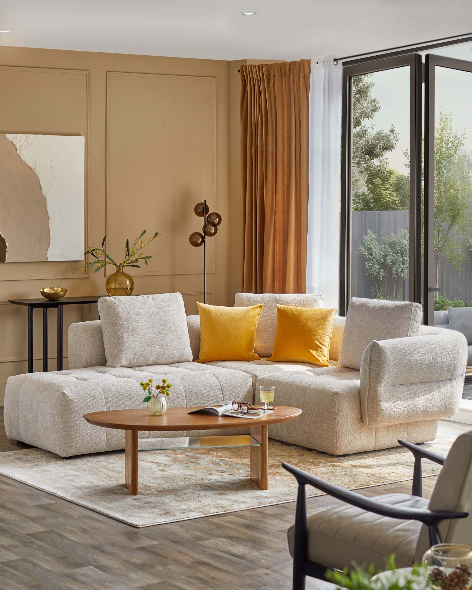 Canapé d'angle Lillian en tissu naturel, méridienne gauche.