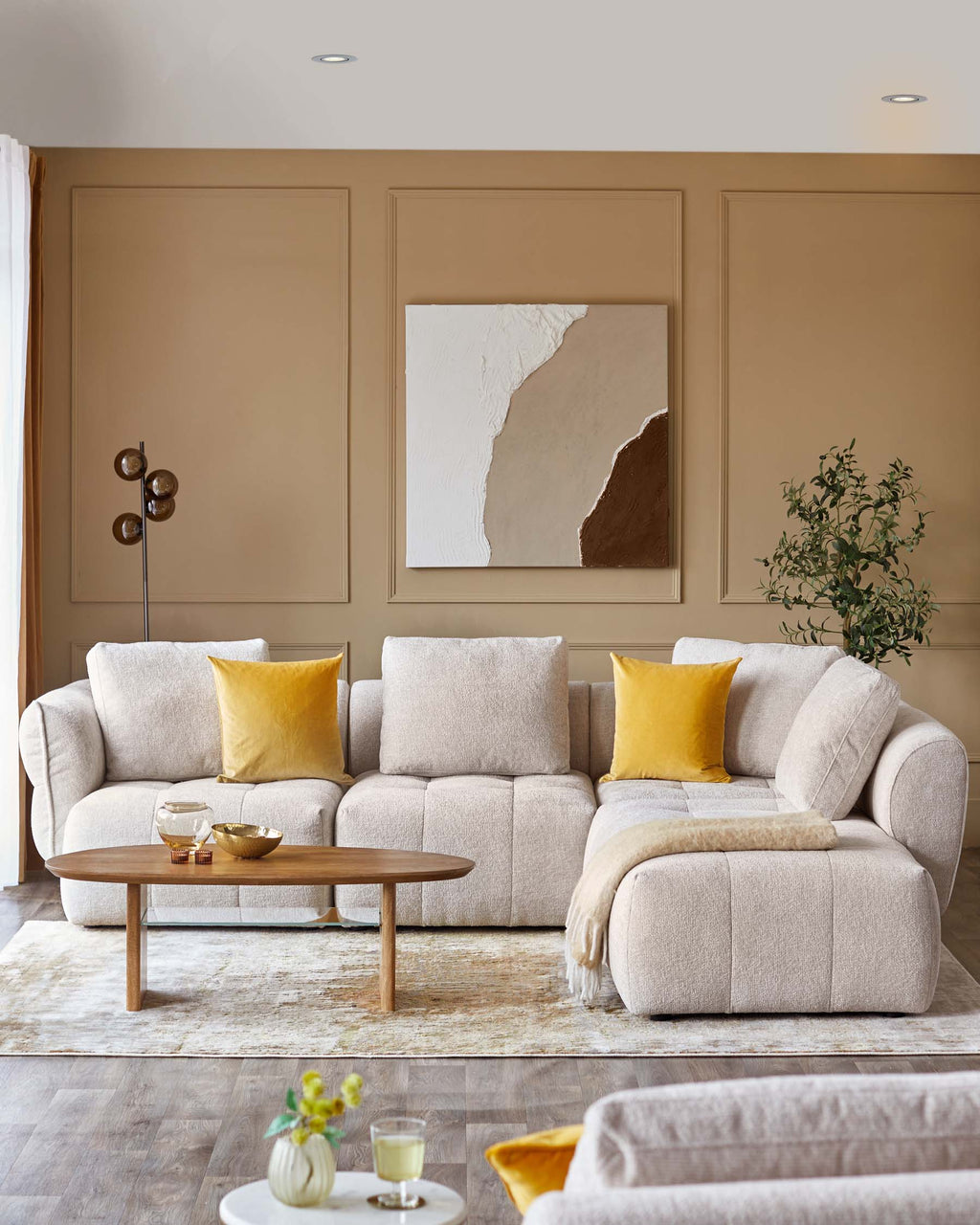 Canapé d'angle droit Lillian en tissu naturel