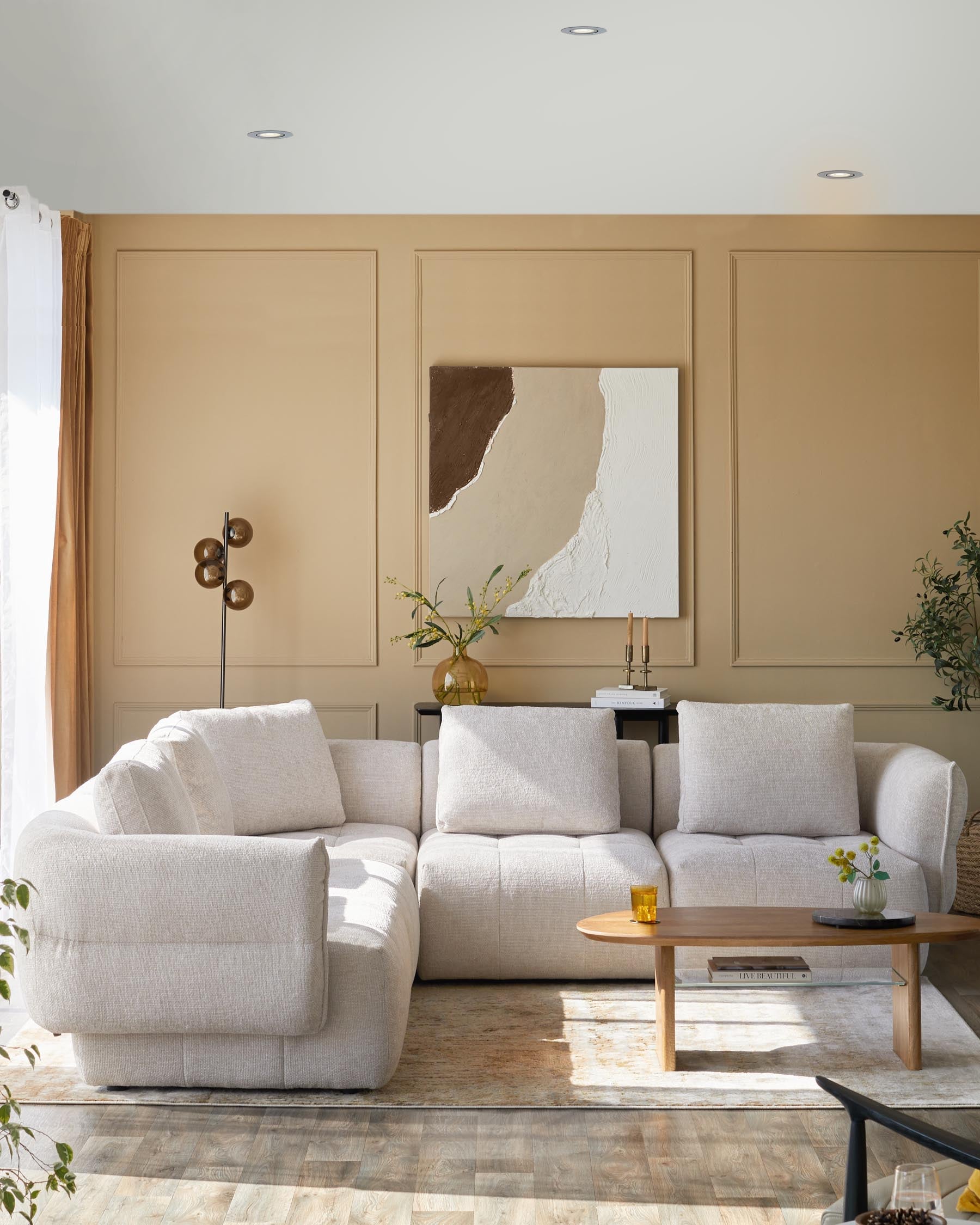 Canapé d'angle Lillian en tissu naturel grand modèle