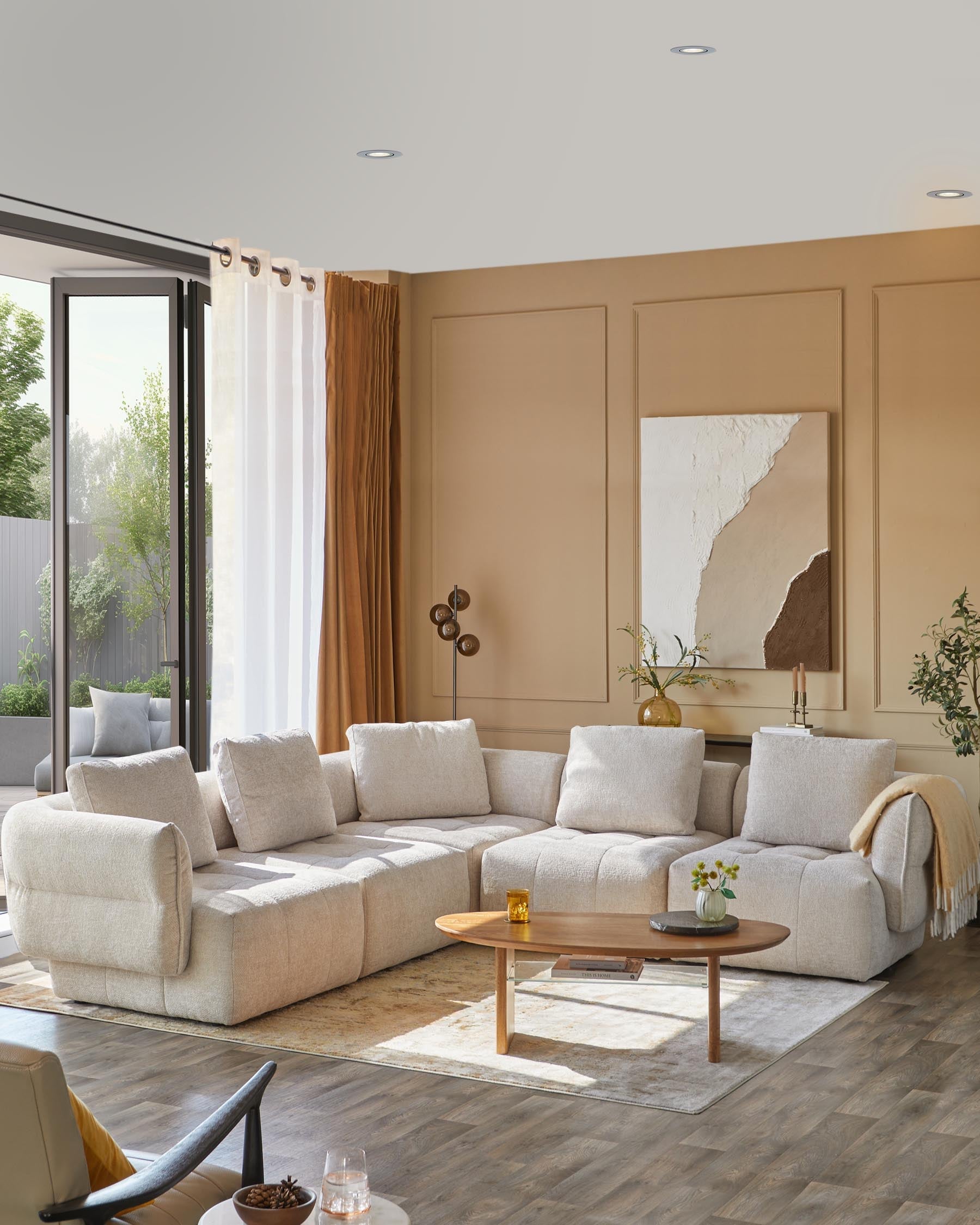 Canapé d'angle Lillian en tissu naturel grand modèle