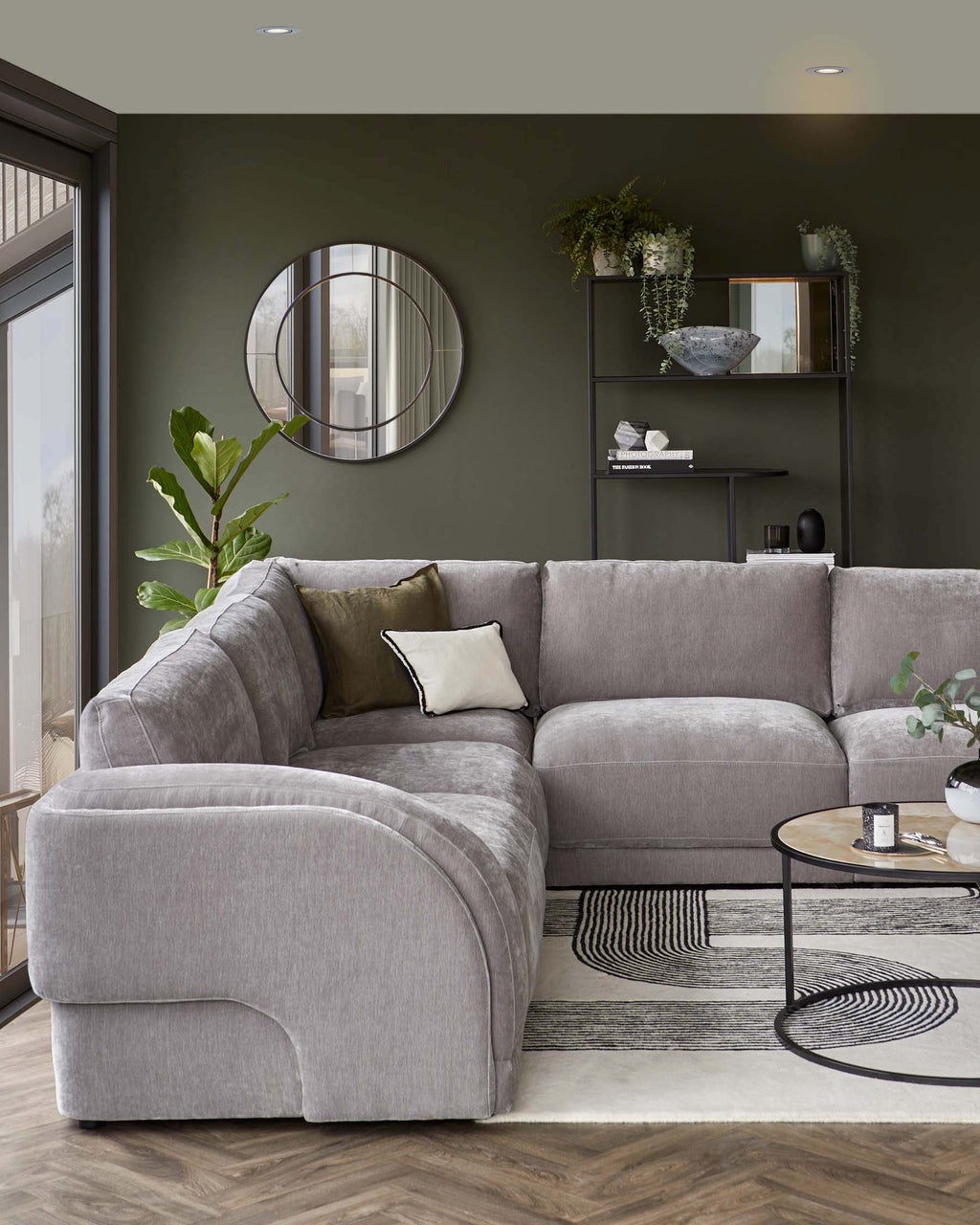 Canapé d'angle large en tissu chenille gris moyen Casey