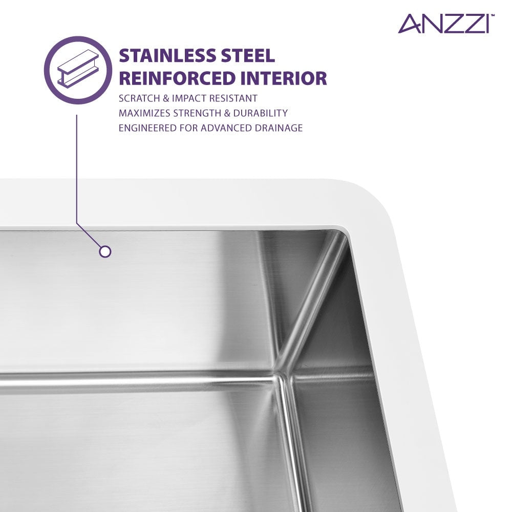 Évier de cuisine simple ANZZI Apollo blanc mat en surface solide de style ferme, 36 po, avec intérieur en acier inoxydable