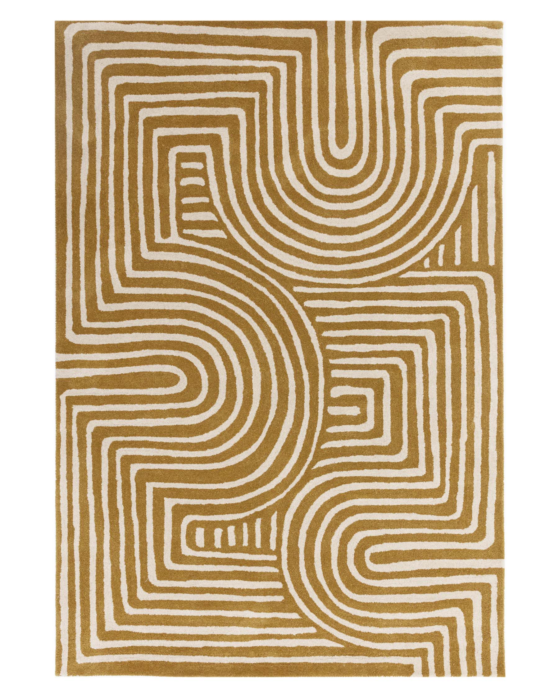 Petit tapis abstrait en laine ocre à motifs tourbillonnants