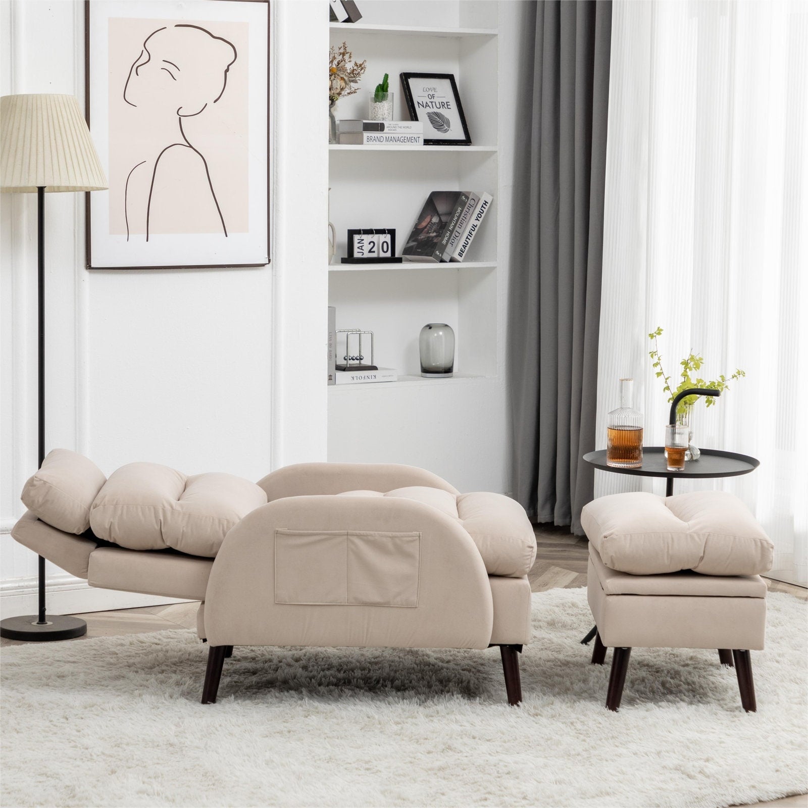 Fauteuil d'appoint HOMYKA avec dossier réglable et pouf de rangement