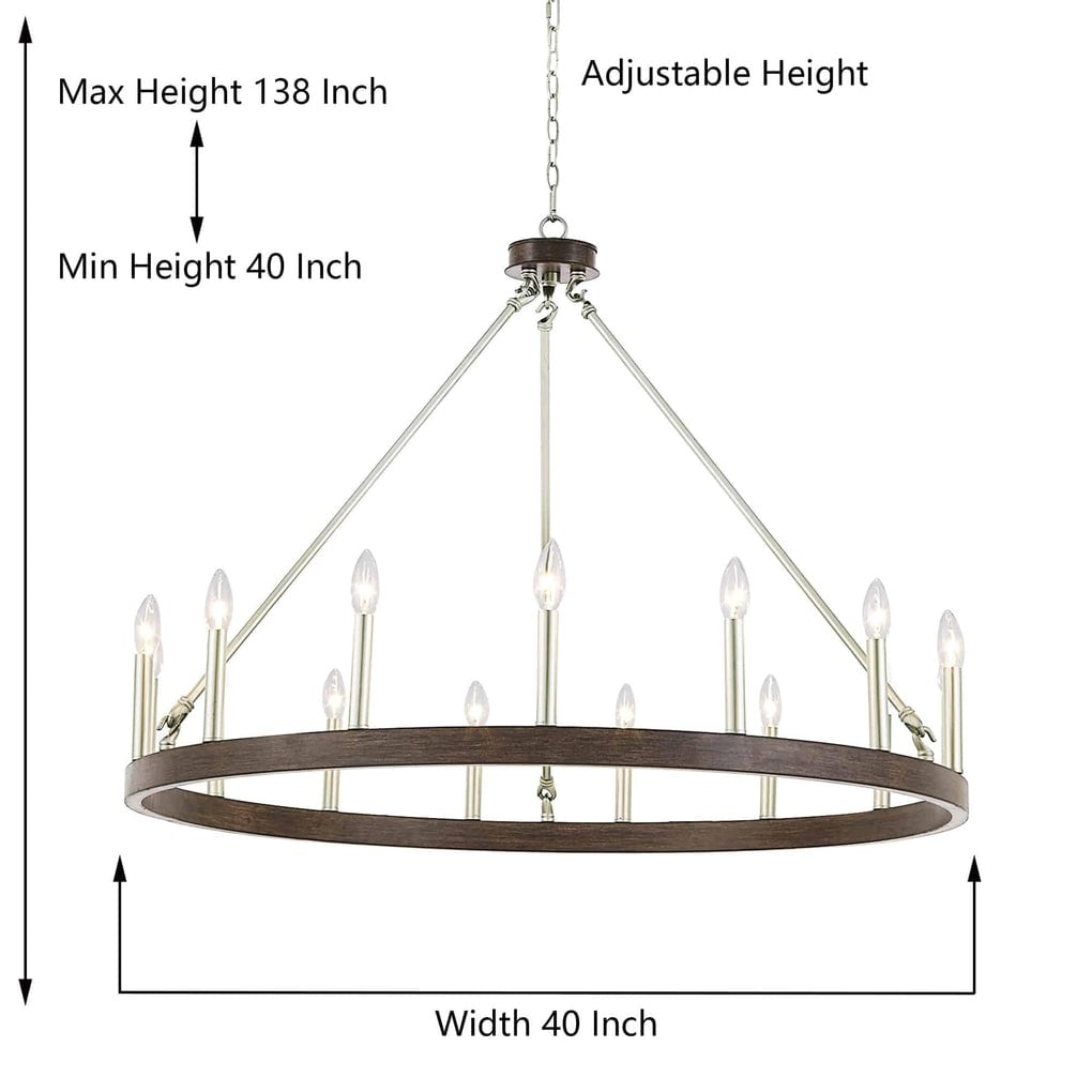 Lustre Acroma Farmhouse à 12 lumières, 40 po, en forme de roue de chariot, certifié UL - 40 po P x 138 po H