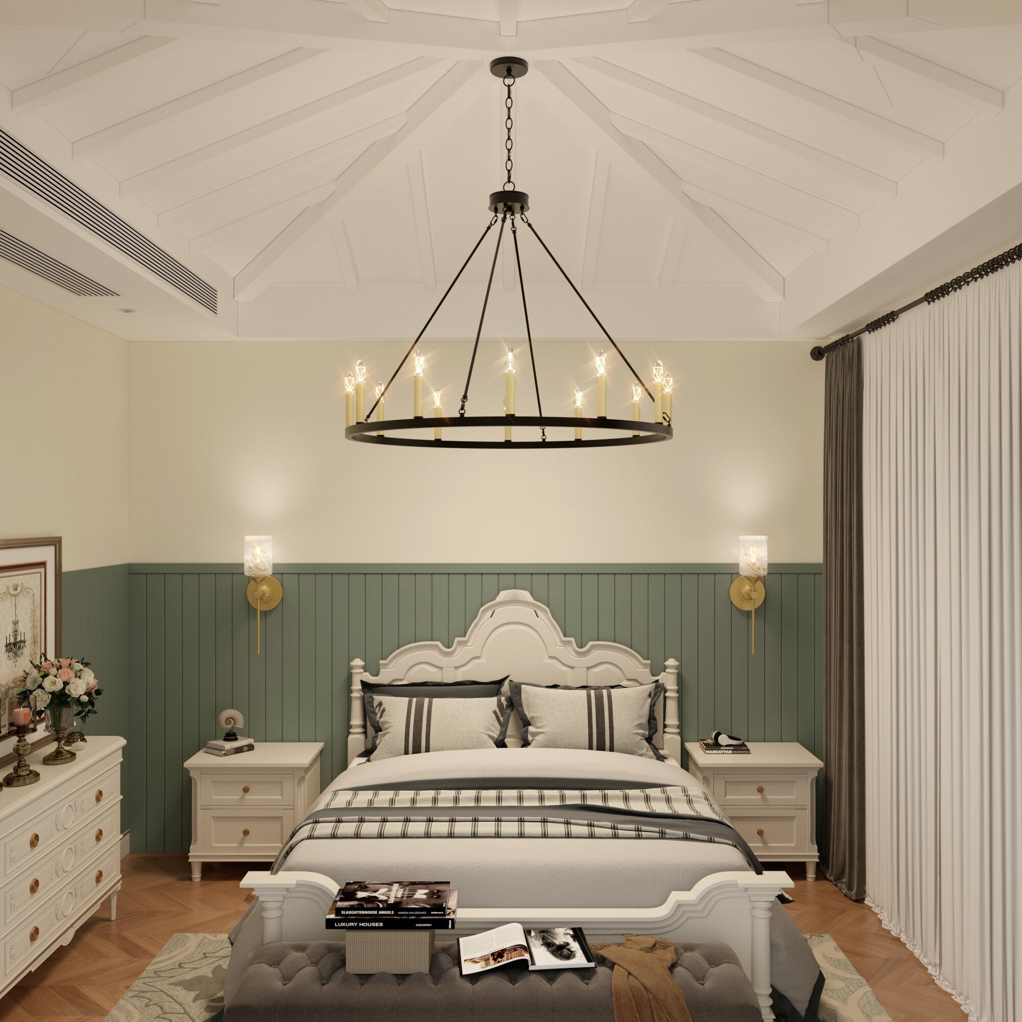 Lustre Acroma Farmhouse à 12 lumières, 40 po, en forme de roue de chariot, certifié UL - 40 po P x 138 po H