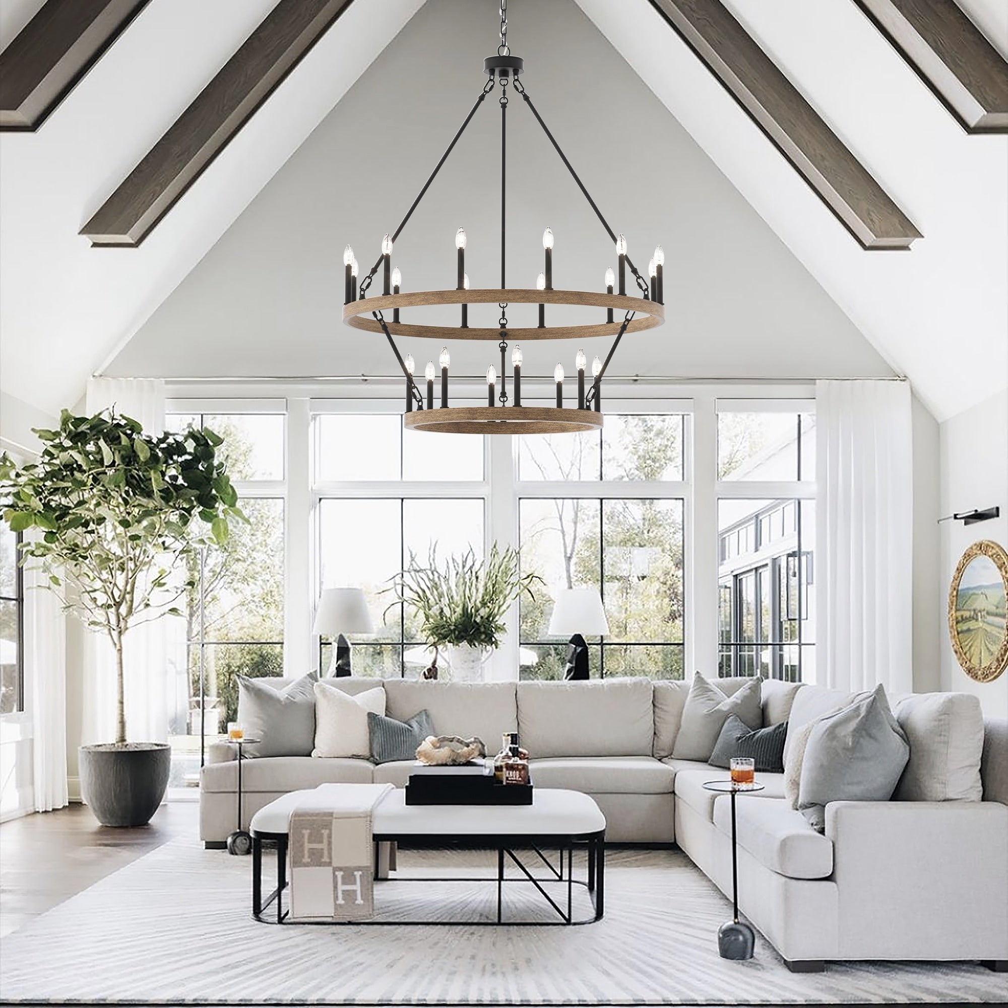 Lustre rond en forme de roue de chariot de style ferme moderne Acroma à 20 lumières de 40 po avec UL