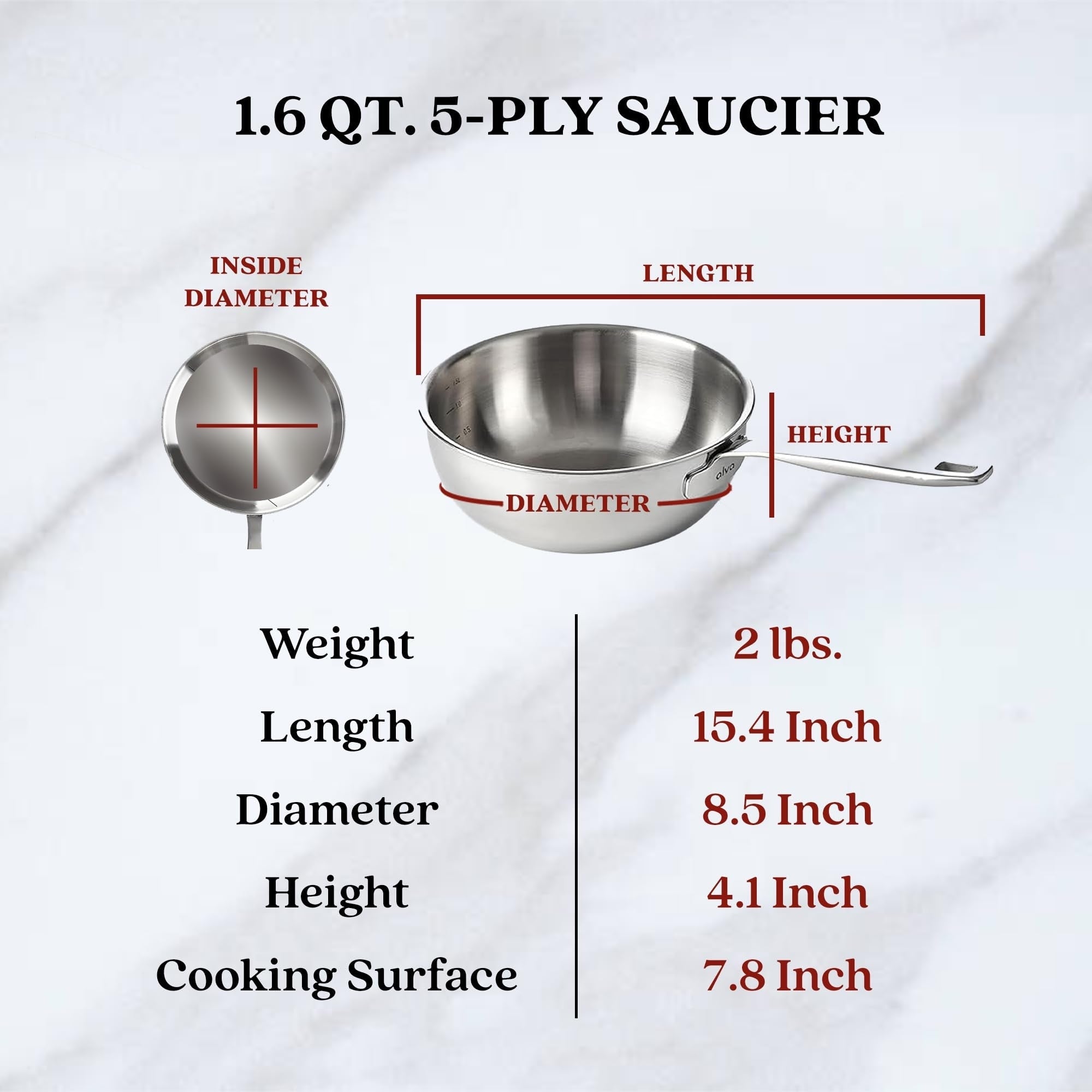 Saucière Alva Maestro en acier inoxydable 5 plis - 1,6 pinte. Non toxique