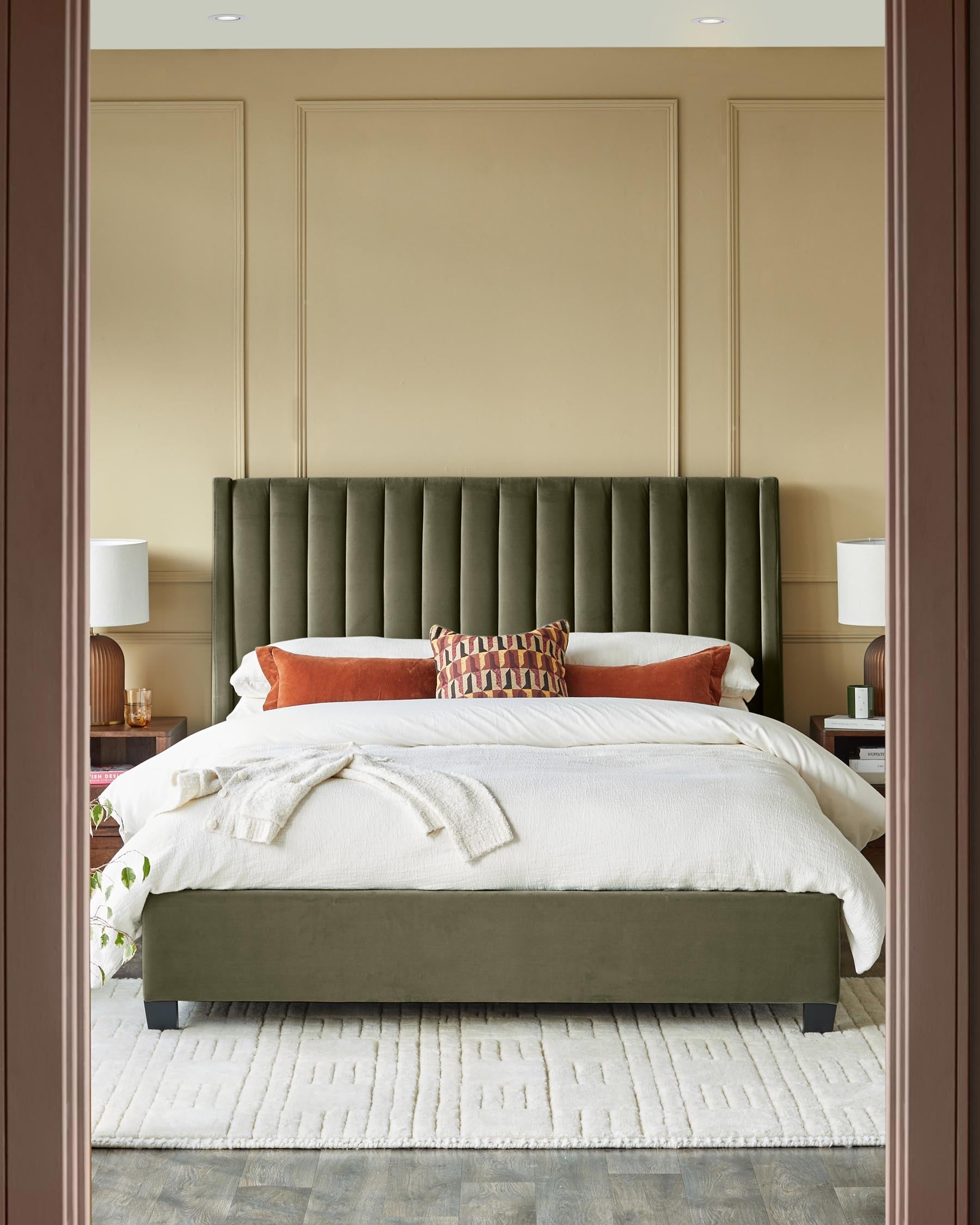 Lit coffre double en velours vert olive Amalfi