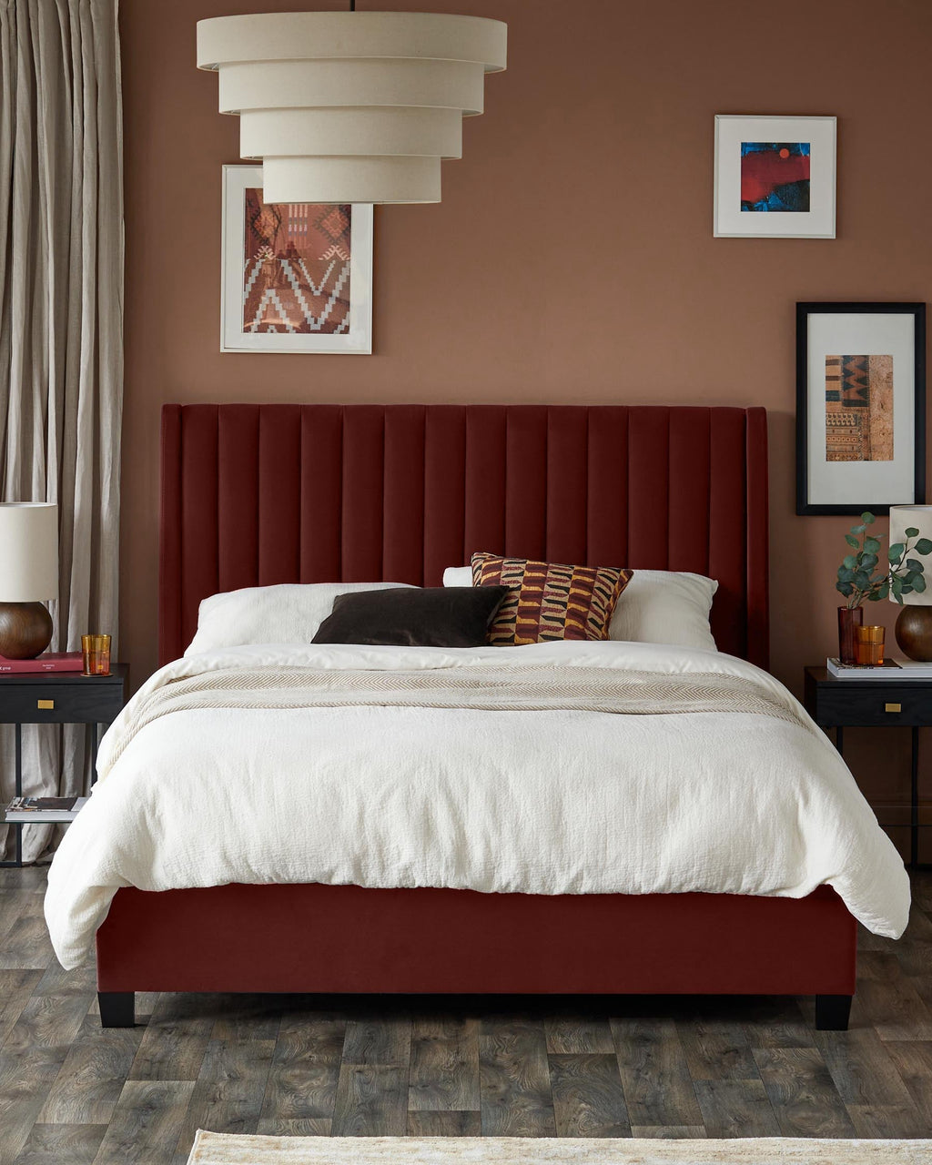 Lit coffre double en velours rouge caramel Amalfi
