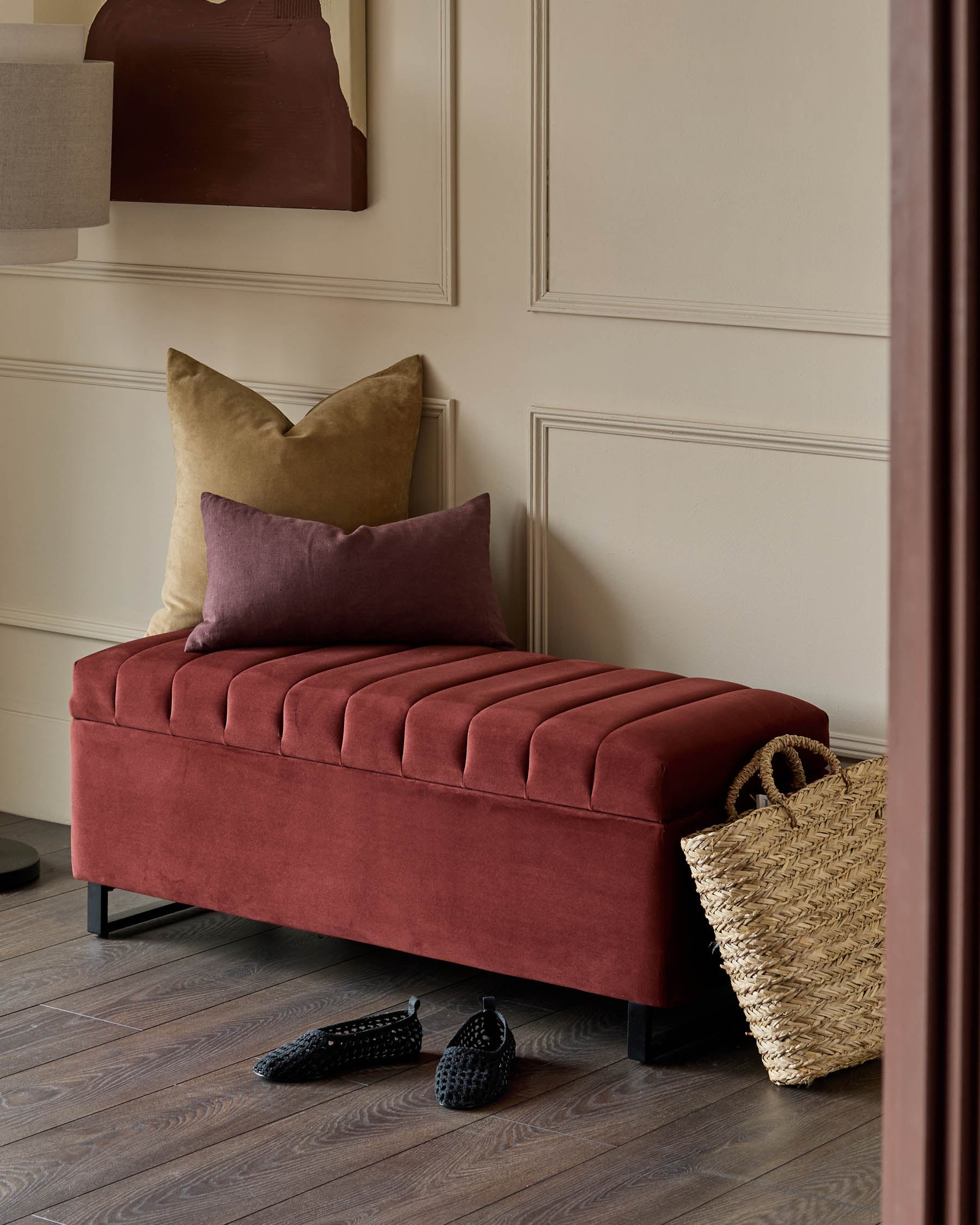 Banc ottoman en velours rouge caramel Amalfi