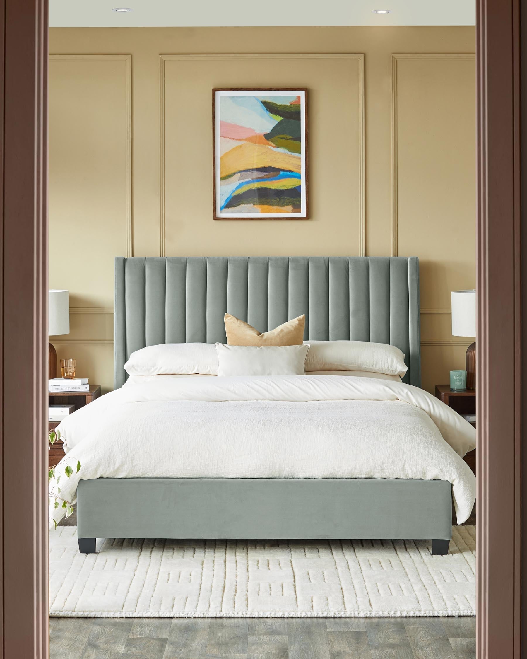 Lit coffre ottoman super king en velours vert sauge Amalfi