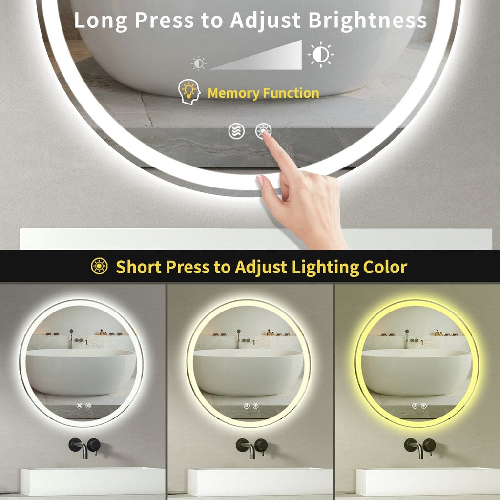 Miroir de courtoisie rond sans cadre, antibuée, éclairé par LED et à intensité variable