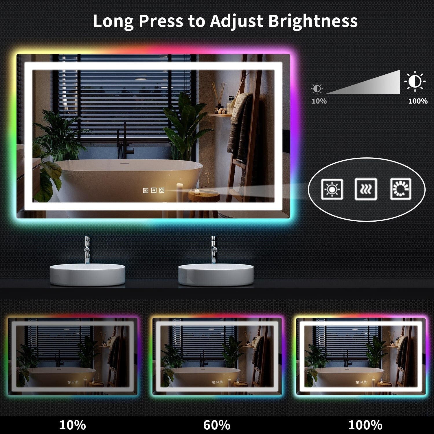 Miroir de salle de bain antibuée rétroéclairé RVB et à éclairage frontal LED