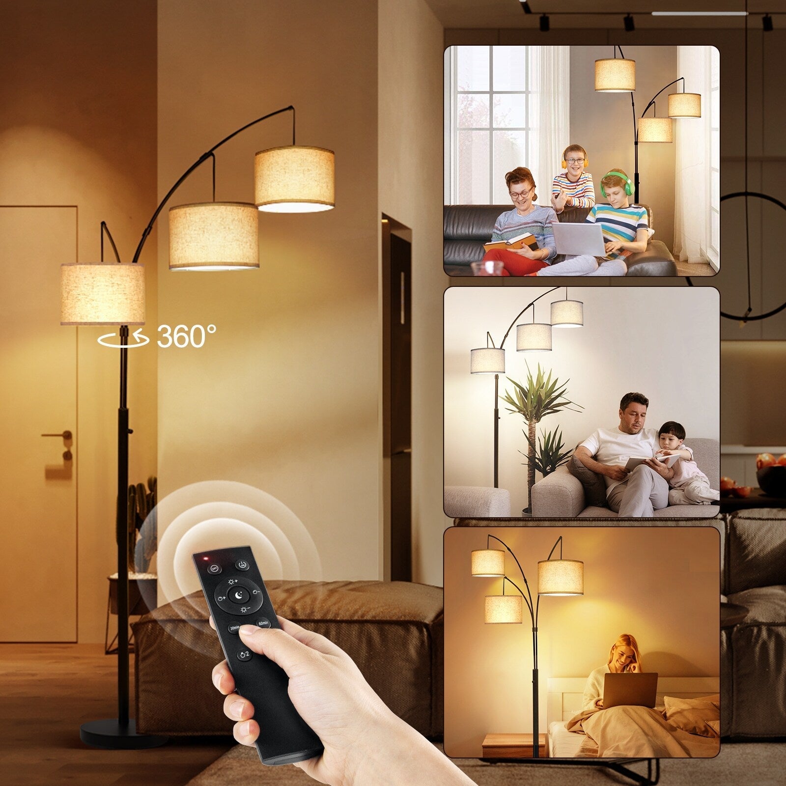 Lampadaire LED Arc à intensité variable, moderne, noir, 3 lampes, haut et arqué