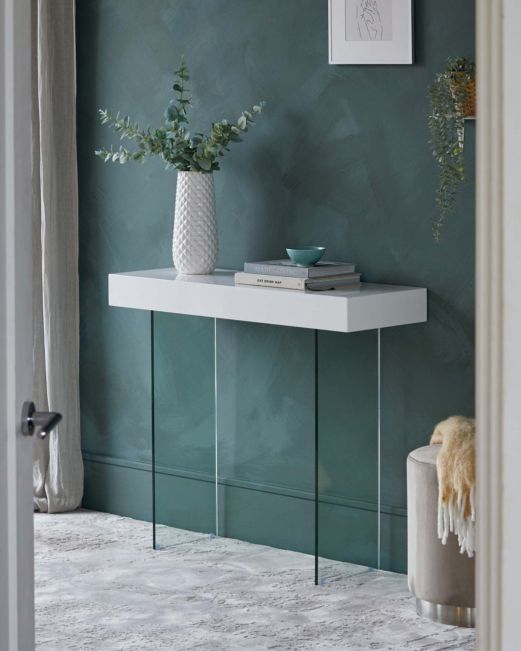 Table console Aria blanche brillante et en verre