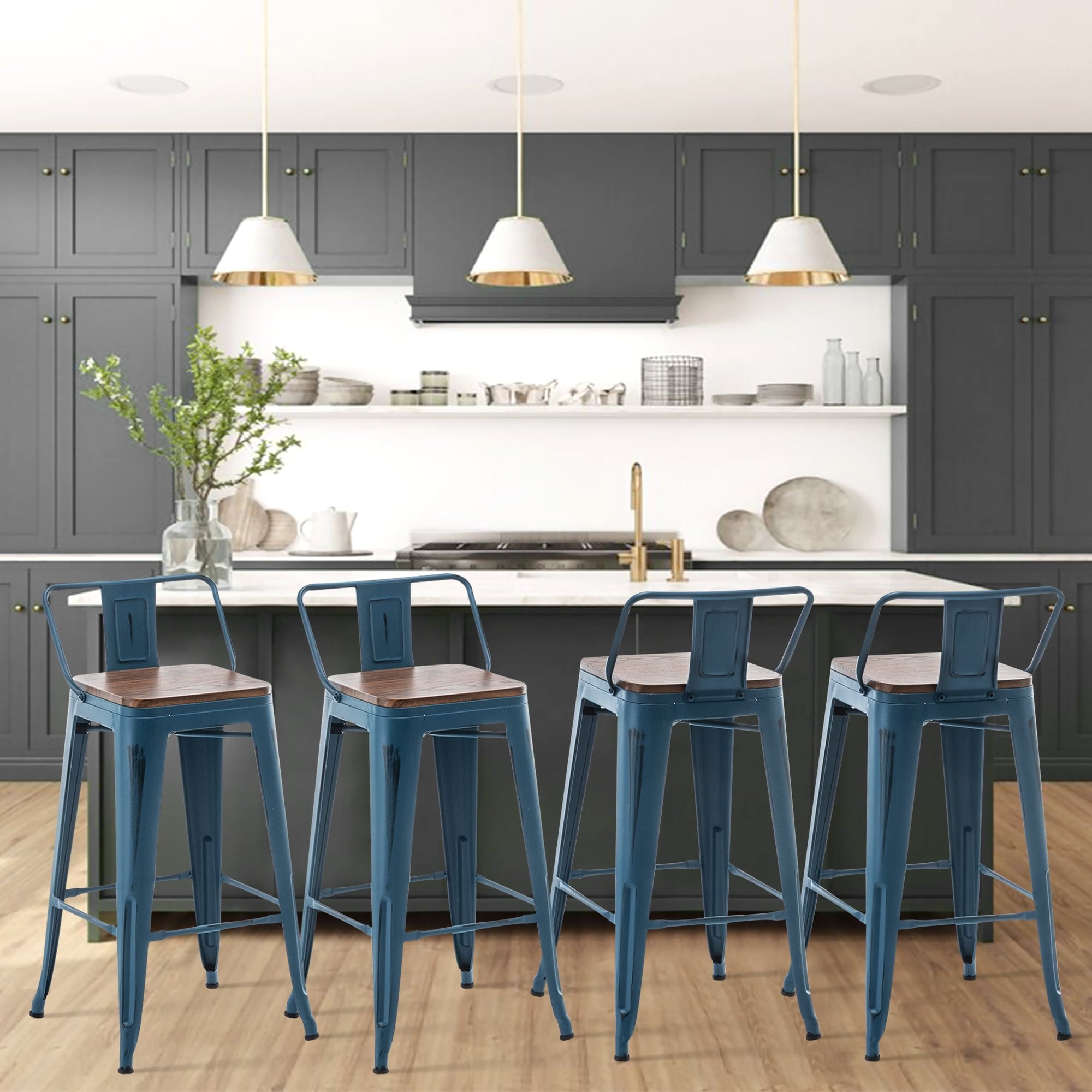 Lot de 4 tabourets de bar industriels en métal avec dossier et assise en bois