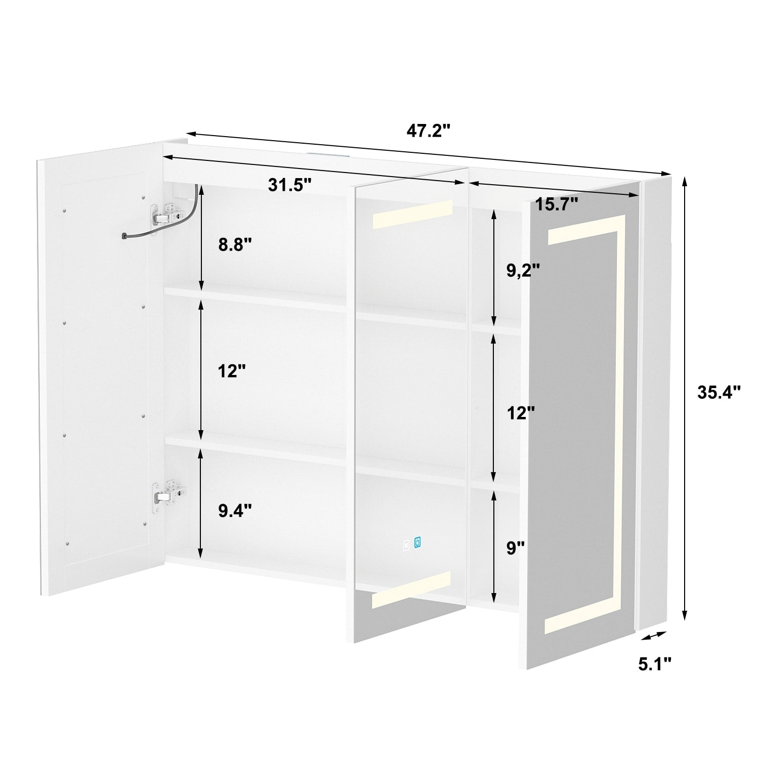 Armoire à pharmacie de salle de bain avec miroir LED antibuée 6 000 K, armoire murale blanche