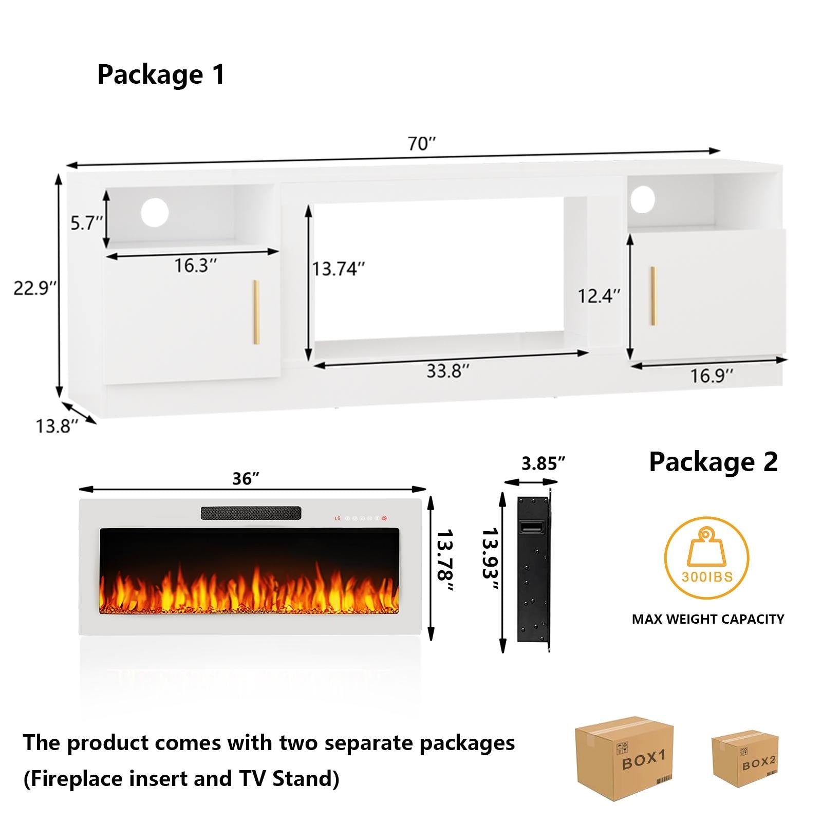 Meuble TV Bossin 70 avec cheminée électrique de 36 pouces, meuble TV pour téléviseurs jusqu'à 80 pouces, éclairage LED 16 couleurs/centre de divertissement