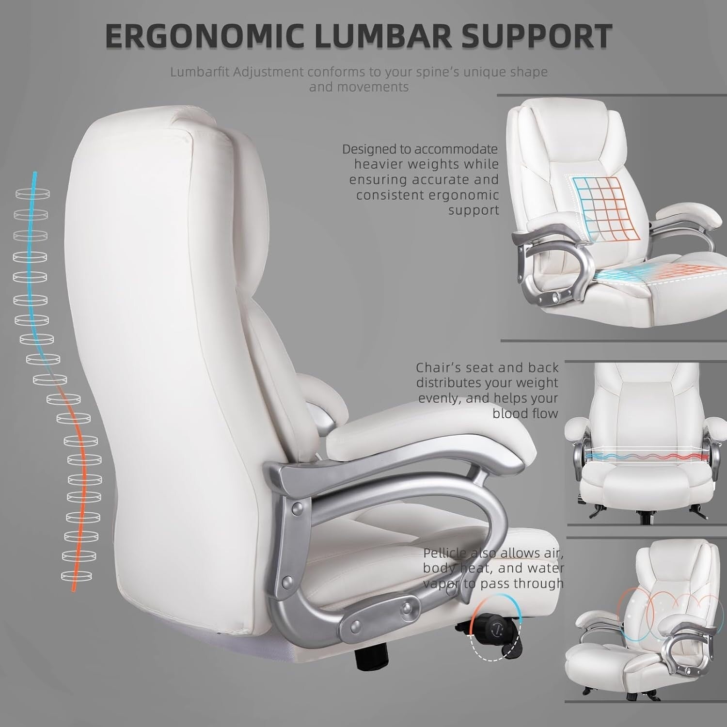 Chaise de bureau exécutive Bossin Big and Tall, chaise ergonomique à support lombaire réglable de 500 lb avec dossier haut en cuir PU pour ordinateur