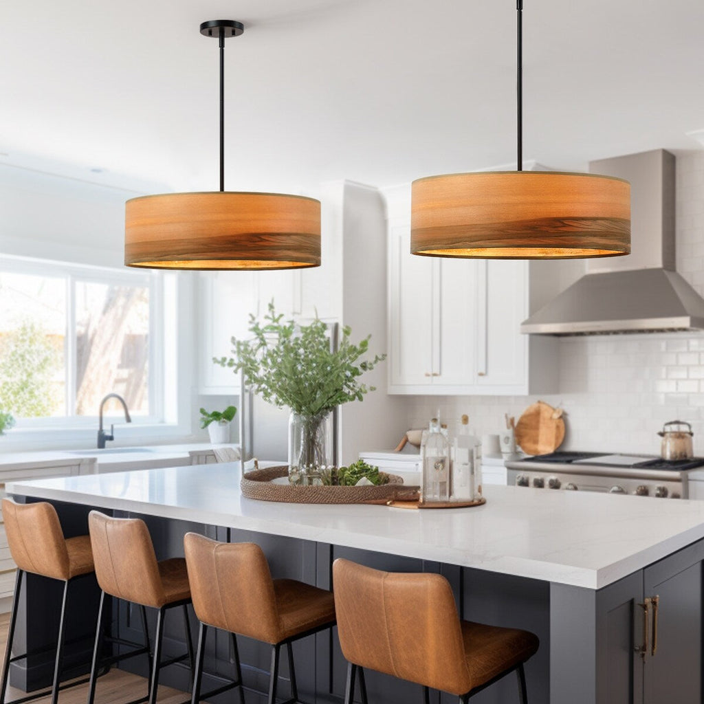 Lustre tambour Breaux à 4 lumières en placage de bois avec auvent noir - 22 po de largeur