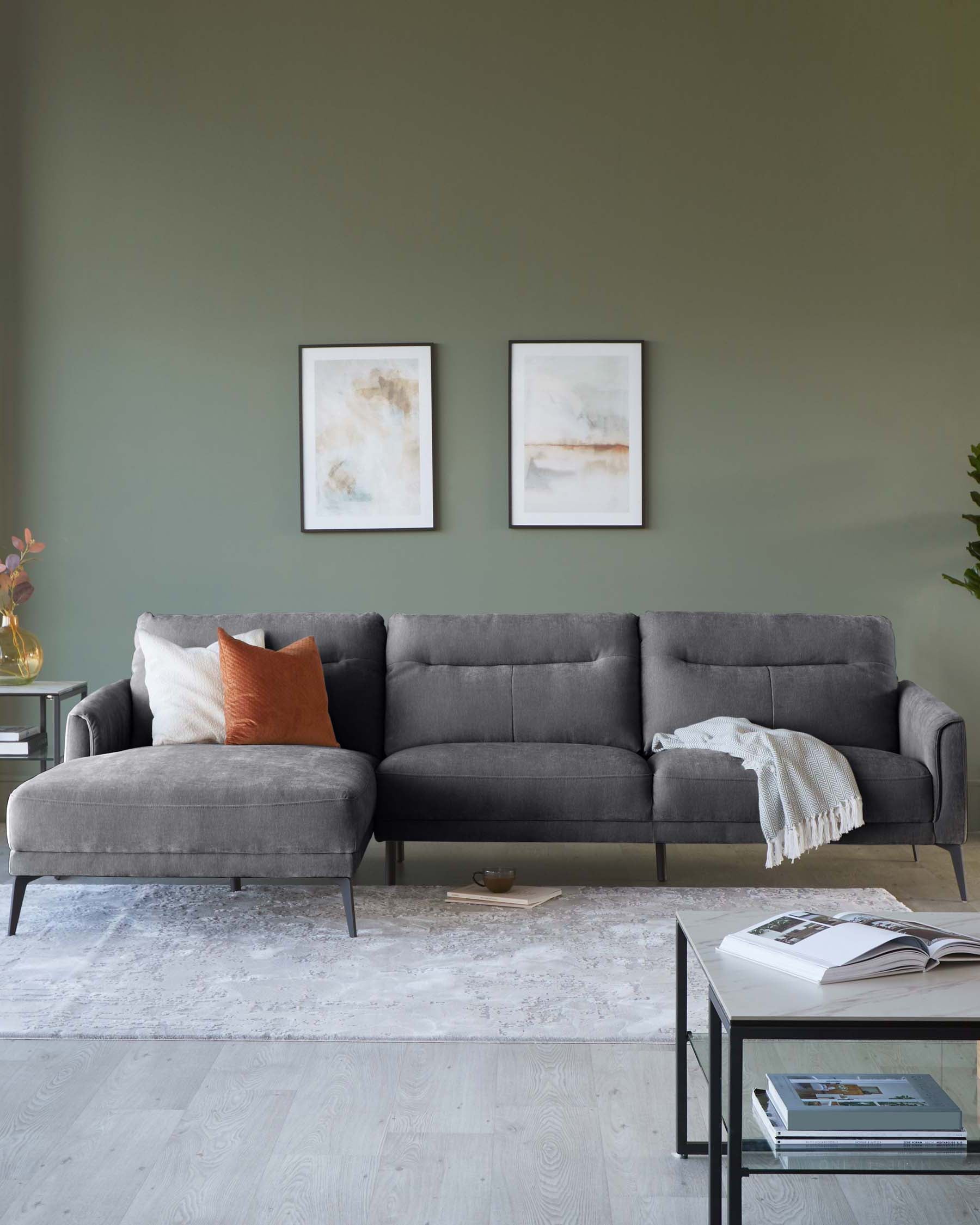 Canapé d'angle gauche Brooks en tissu gris foncé avec méridienne