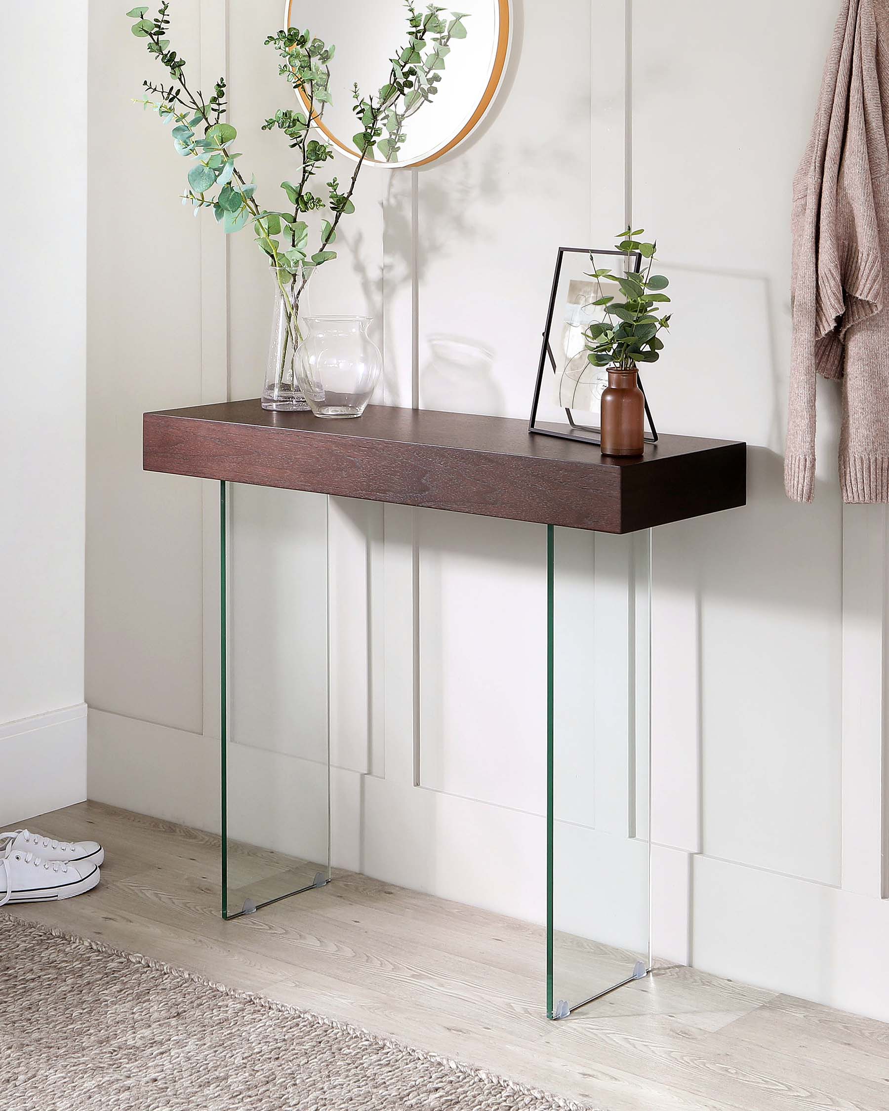 Table console Aria en noyer foncé et verre