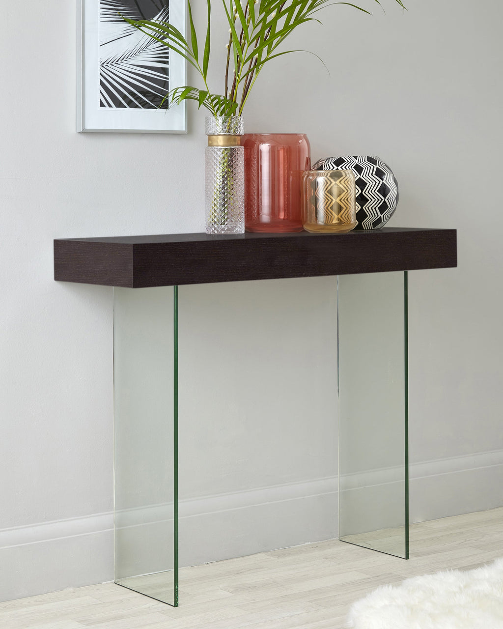 Table console Aria en noyer foncé et verre