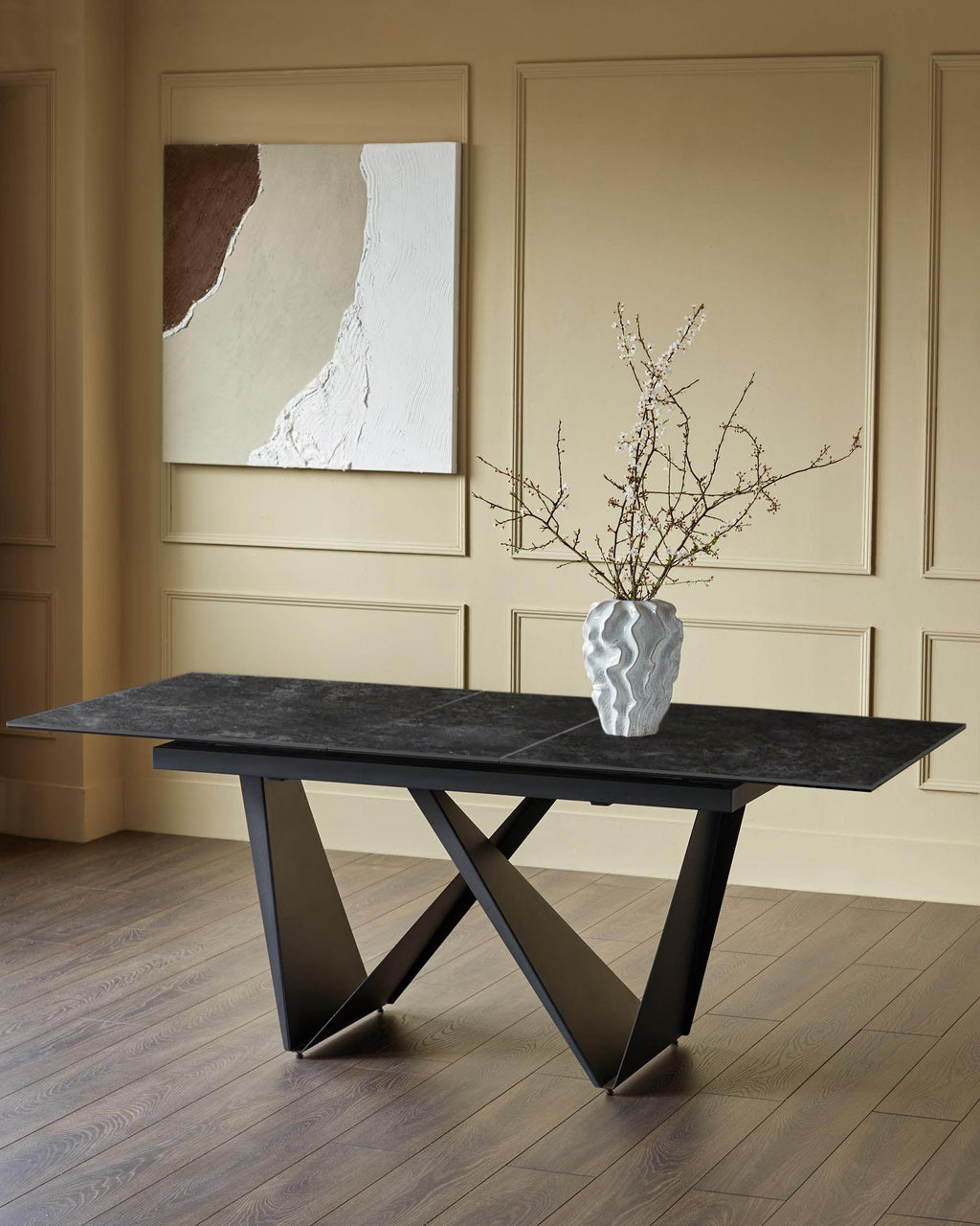 Table de salle à manger extensible Calenzano en céramique gris foncé, 6 à 8 places