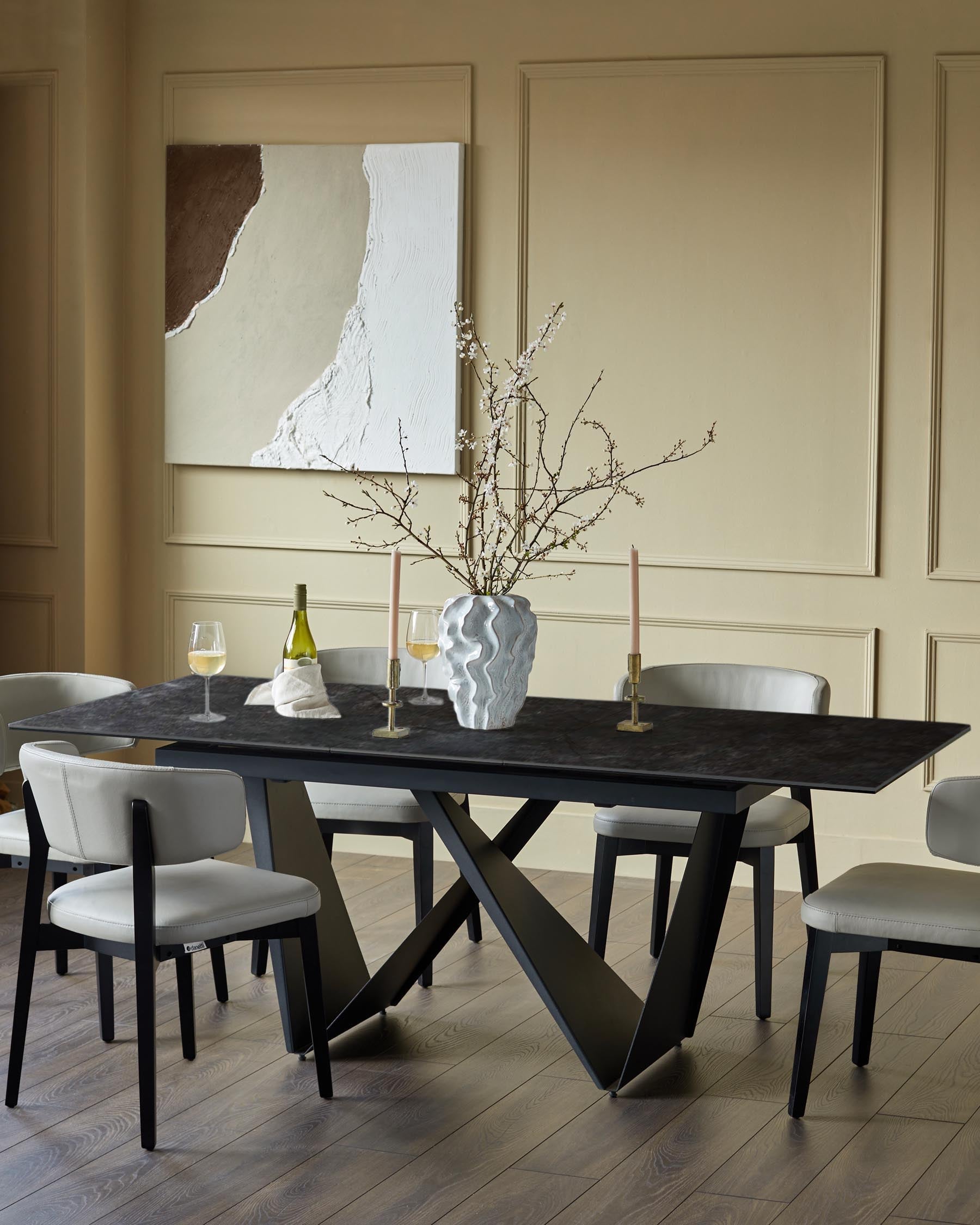 Ensemble table Calenzano en céramique gris foncé pour 6 à 8 personnes et 6 chaises de salle à manger Harris.