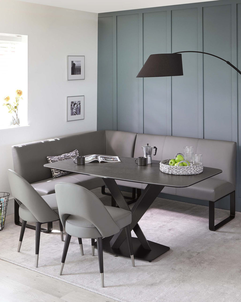 Banc de salle à manger d'angle droit Loop 5 places en similicuir gris moyen