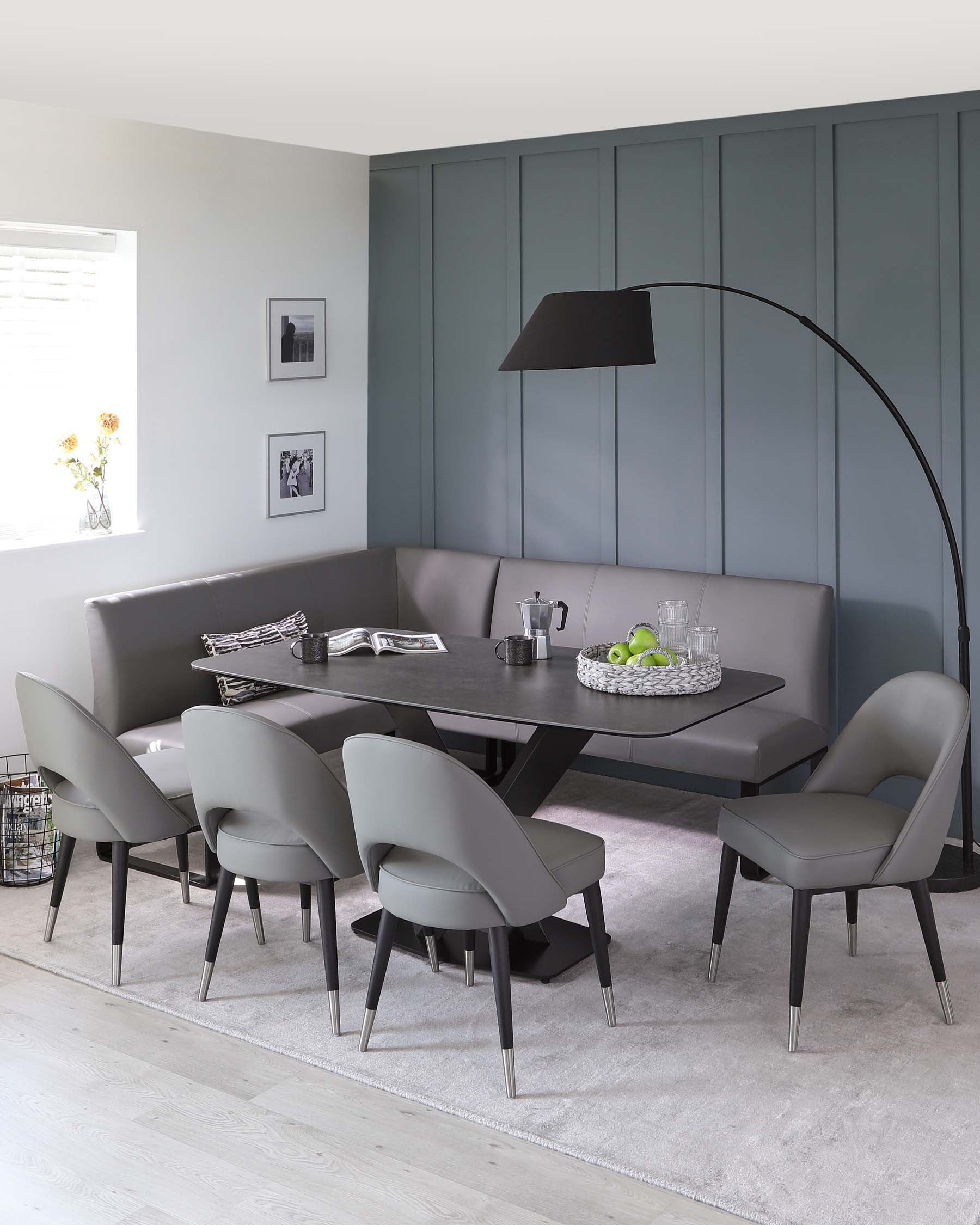 Banc de salle à manger d'angle droit Loop 5 places en similicuir gris moyen