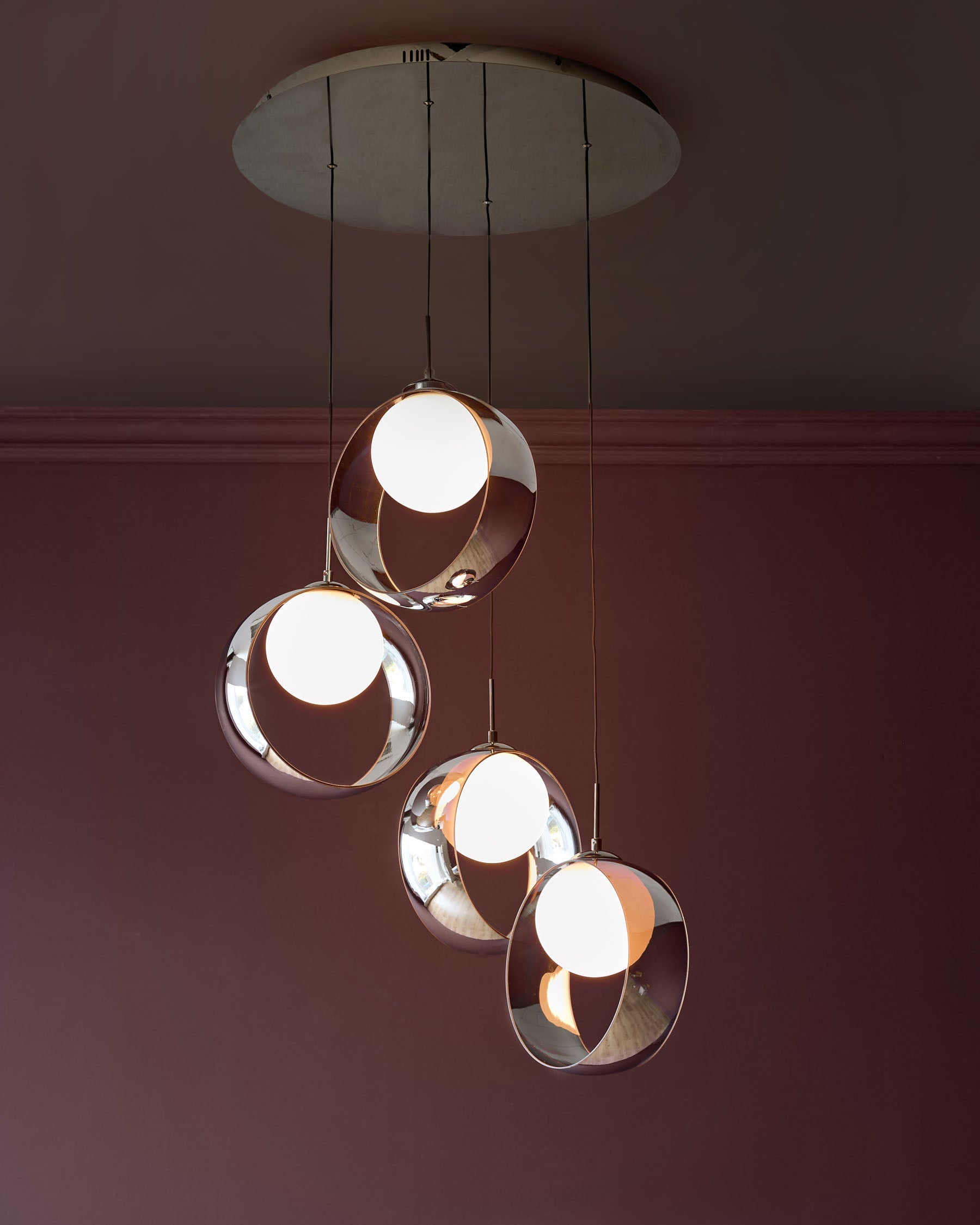 Suspension réglable Chloé en verre chromé argenté avec LED et 4 gouttes