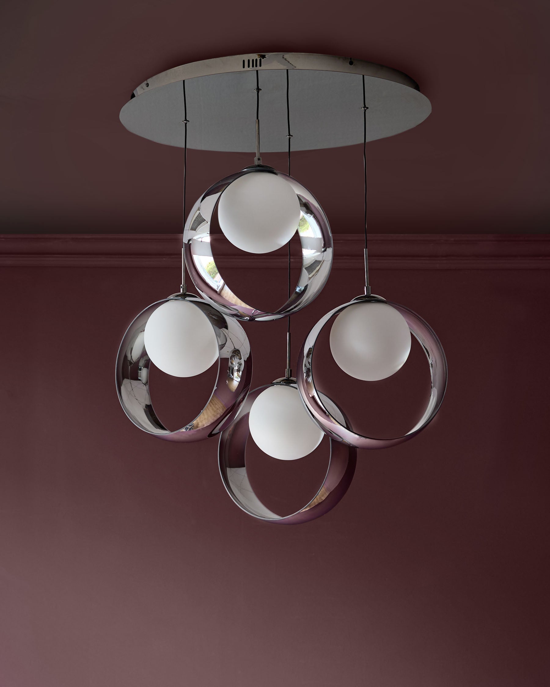 Suspension réglable Chloé en verre chromé argenté avec LED et 4 gouttes