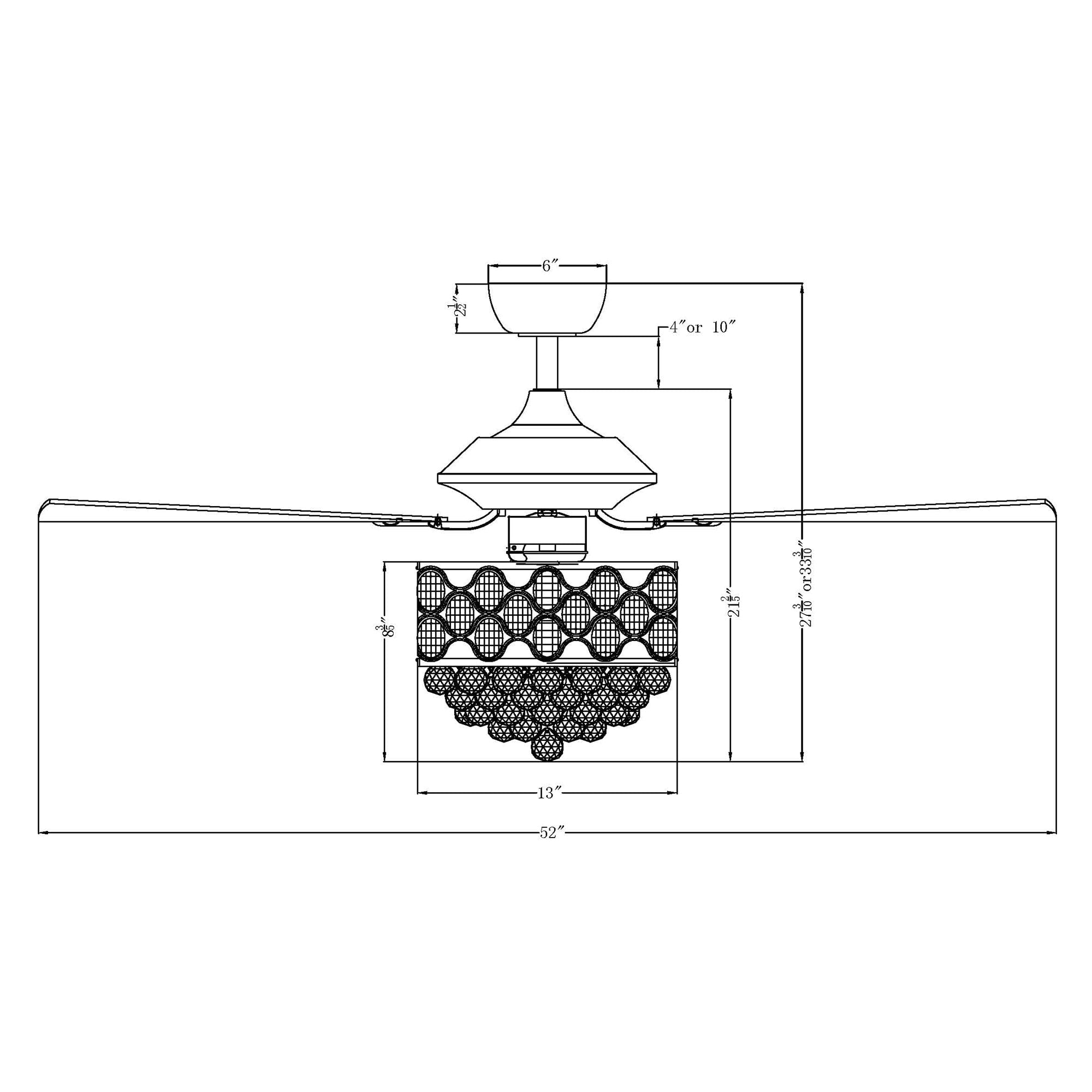 Lustre/ventilateur de plafond à 4 lumières en chrome/cristal avec télécommande