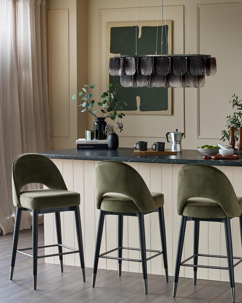 Tabouret de bar Clover en velours vert olive
