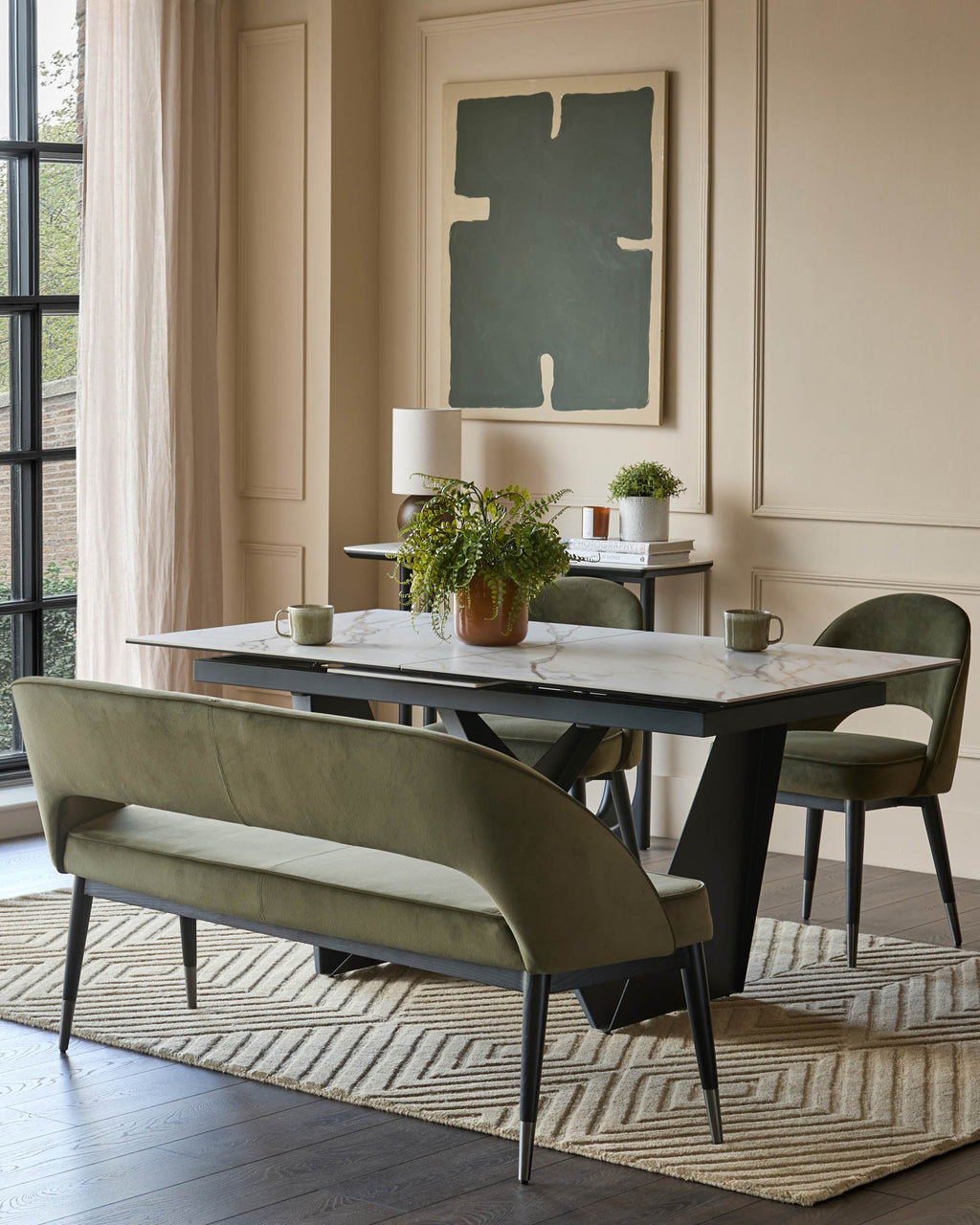 Banc de salle à manger Clover en velours vert olive avec dossier