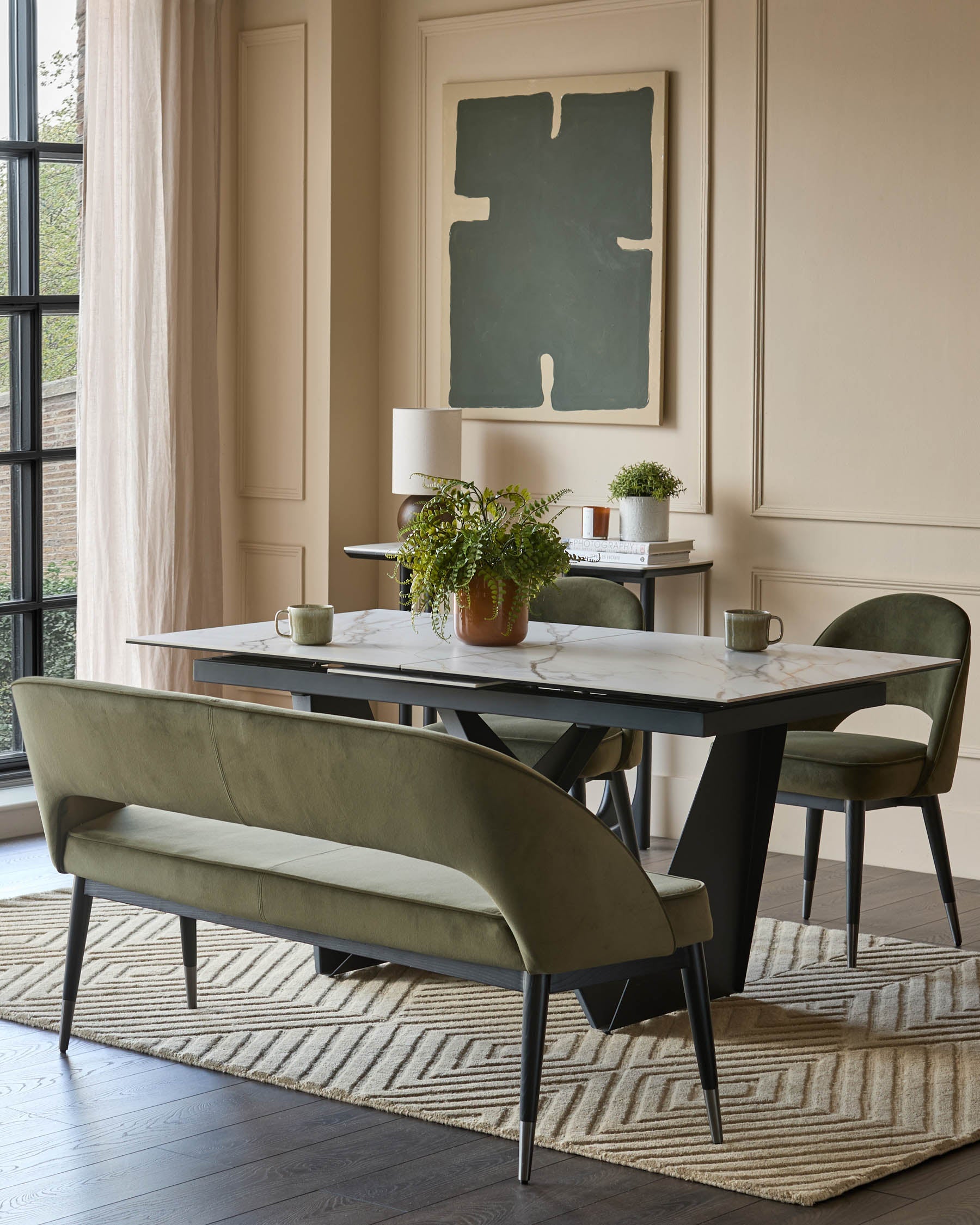 Banc de salle à manger Clover en velours vert olive avec dossier