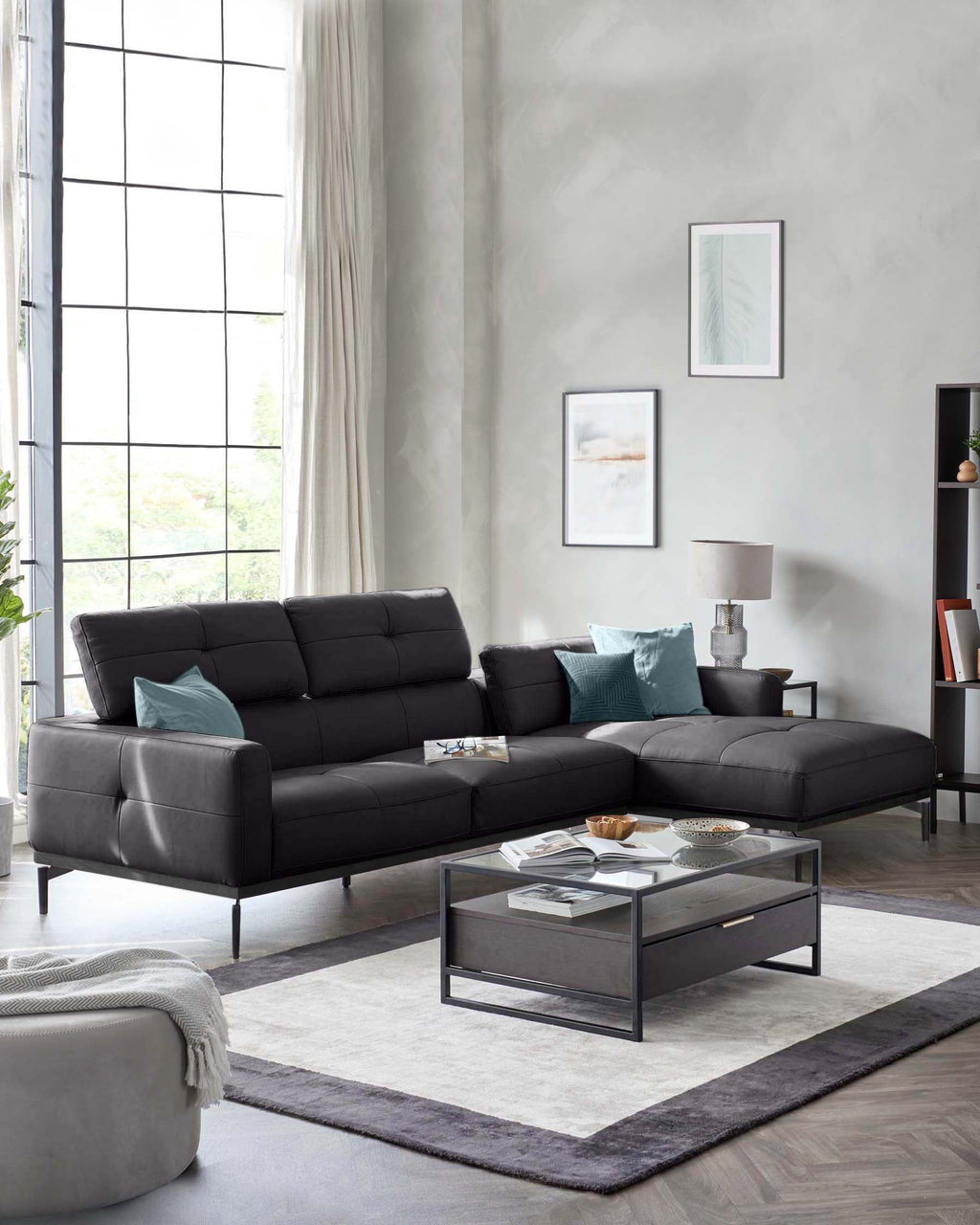 Canapé d'angle droit Colton en cuir noir