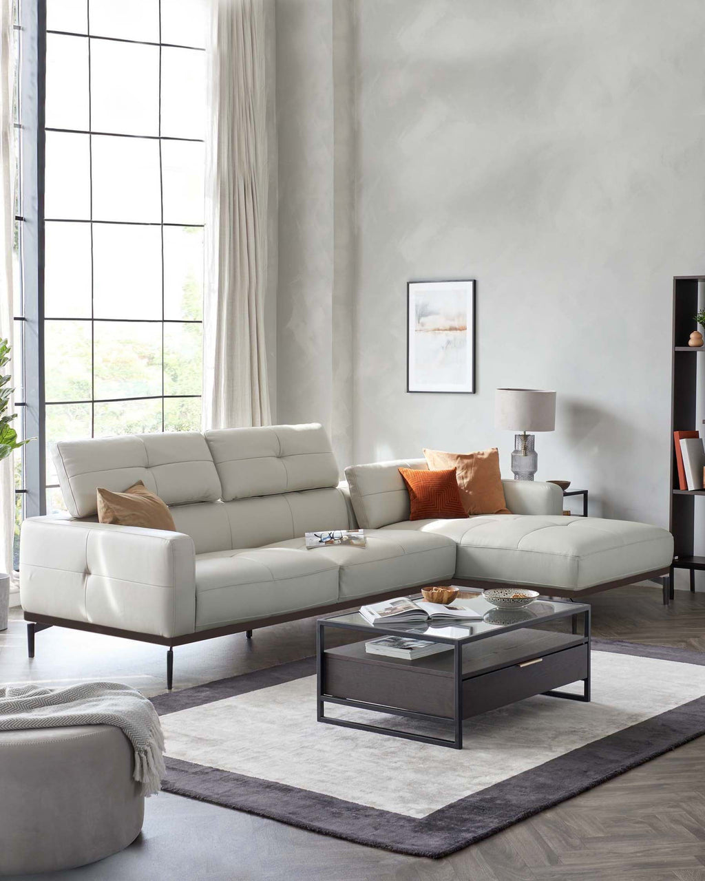 Canapé d'angle droit Colton en cuir gris naturel avec méridienne