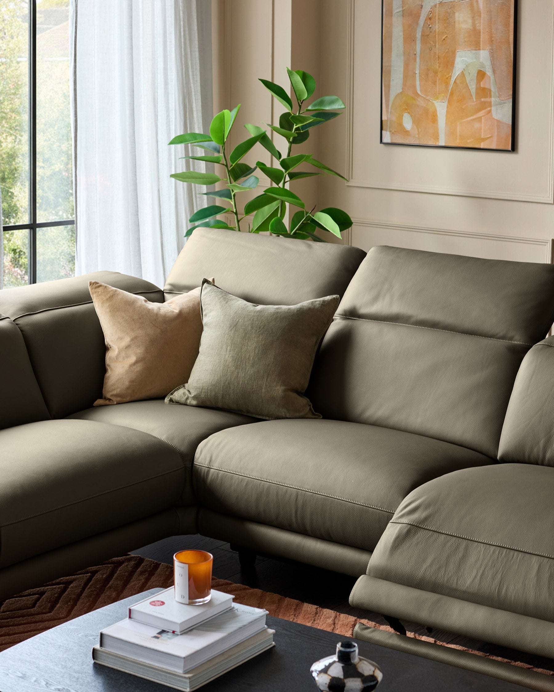 Canapé d'angle gauche en cuir vert olive Connor