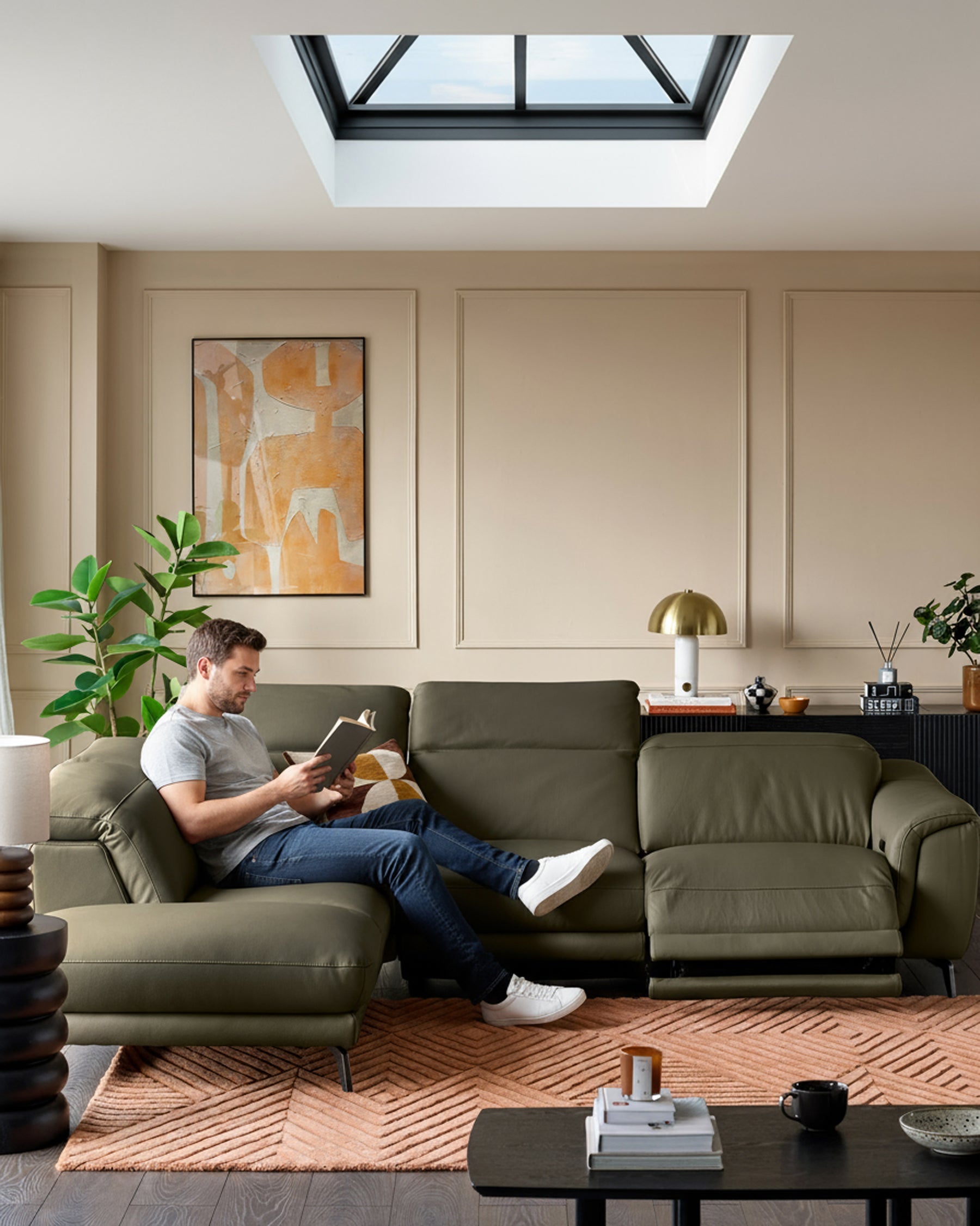 Canapé d'angle gauche en cuir vert olive Connor