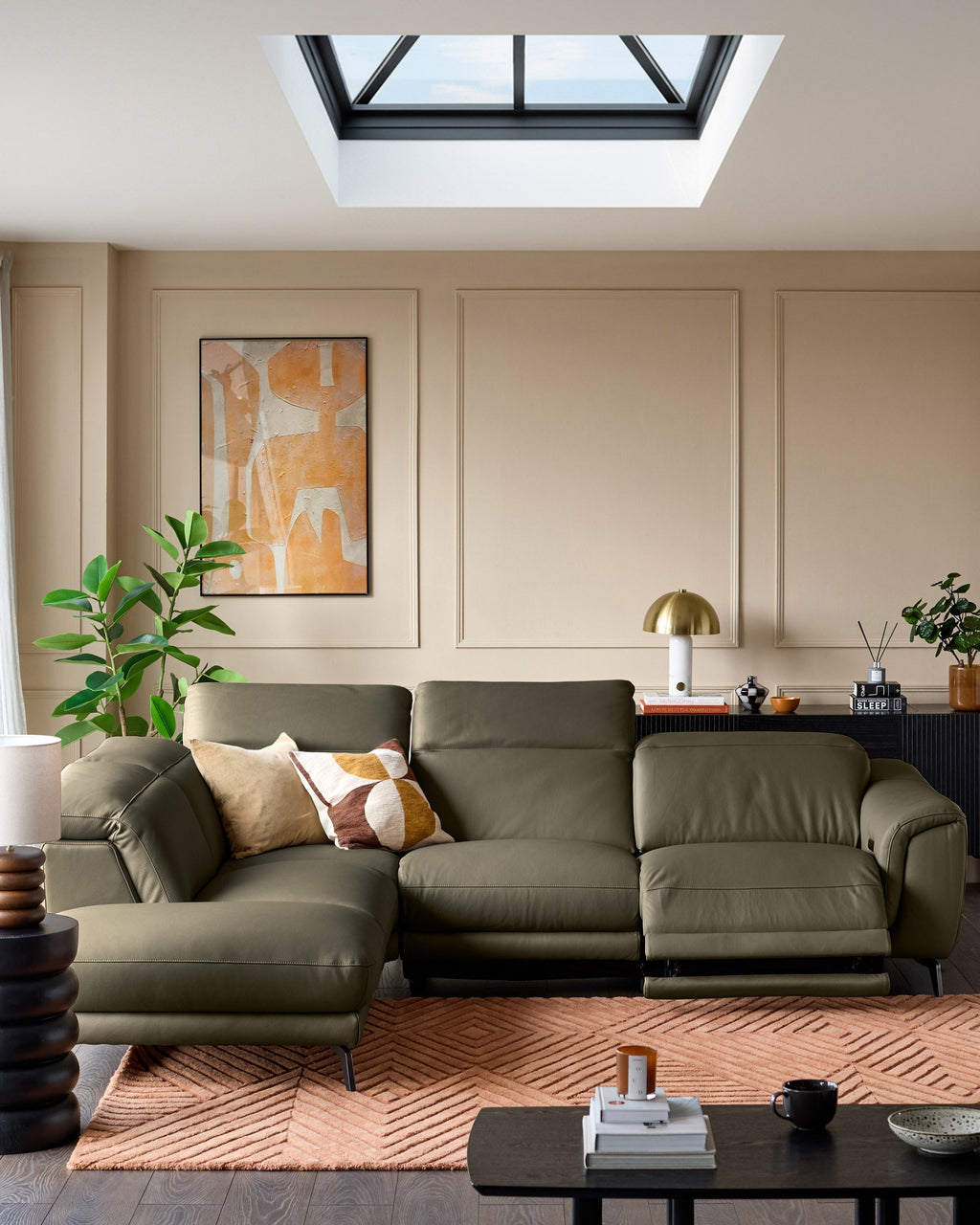 Canapé d'angle gauche en cuir vert olive Connor