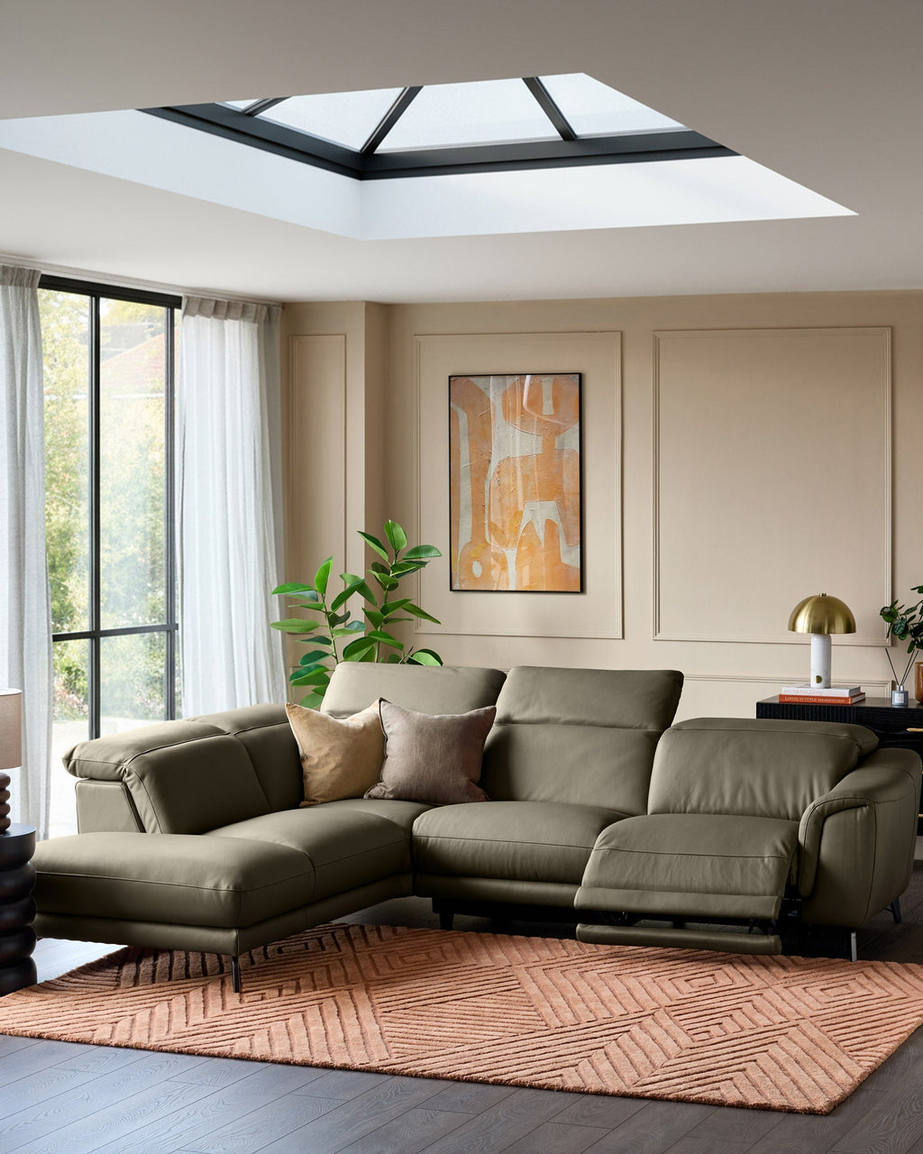 Canapé d'angle gauche en cuir vert olive Connor