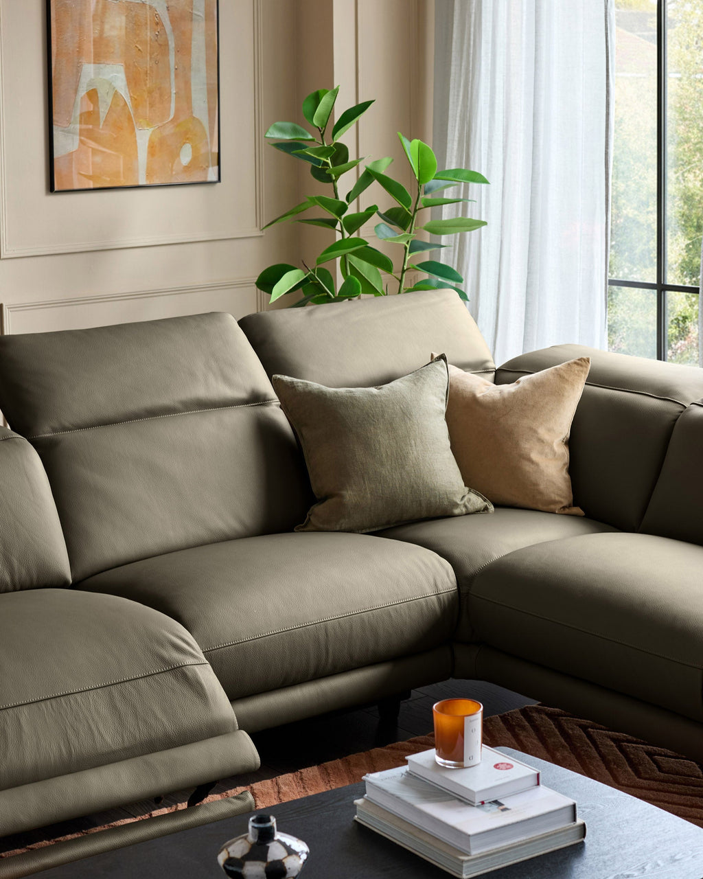 Canapé d'angle droit en cuir vert olive Connor