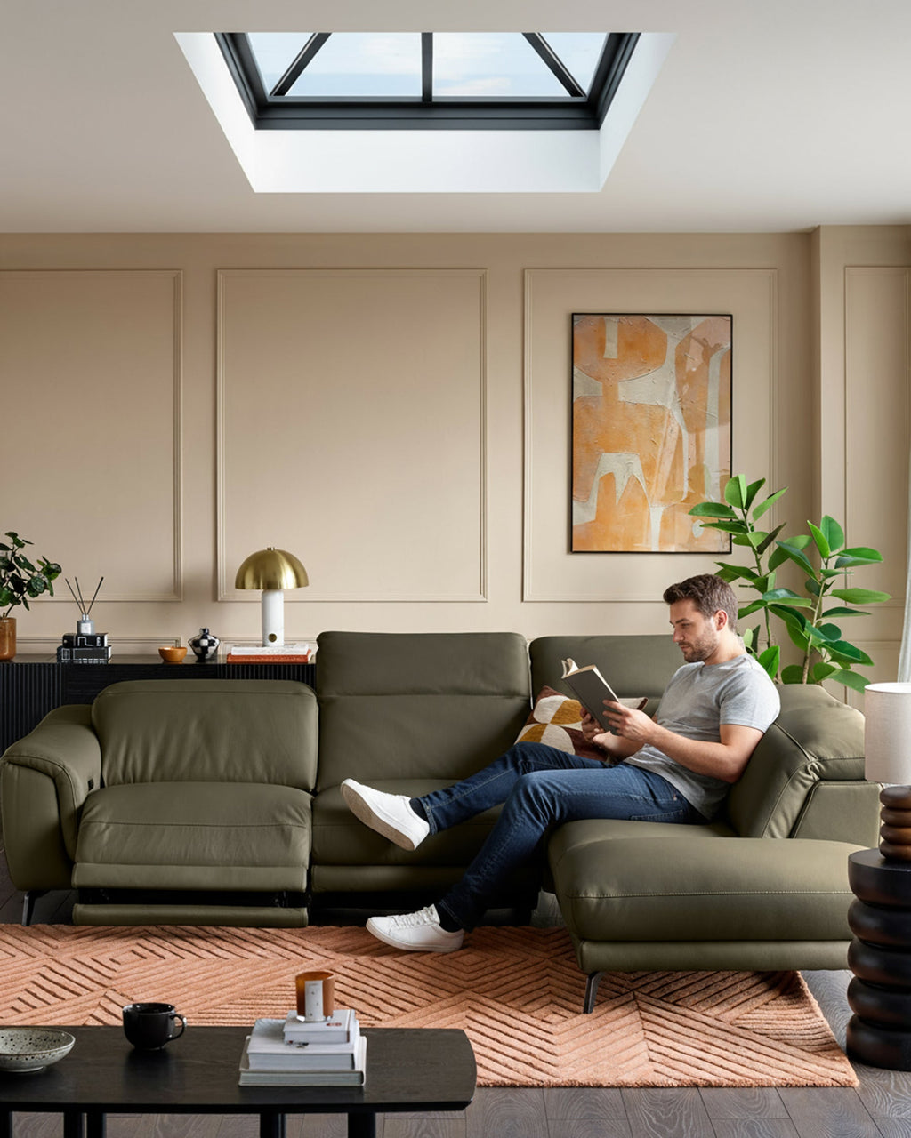 Canapé d'angle droit en cuir vert olive Connor