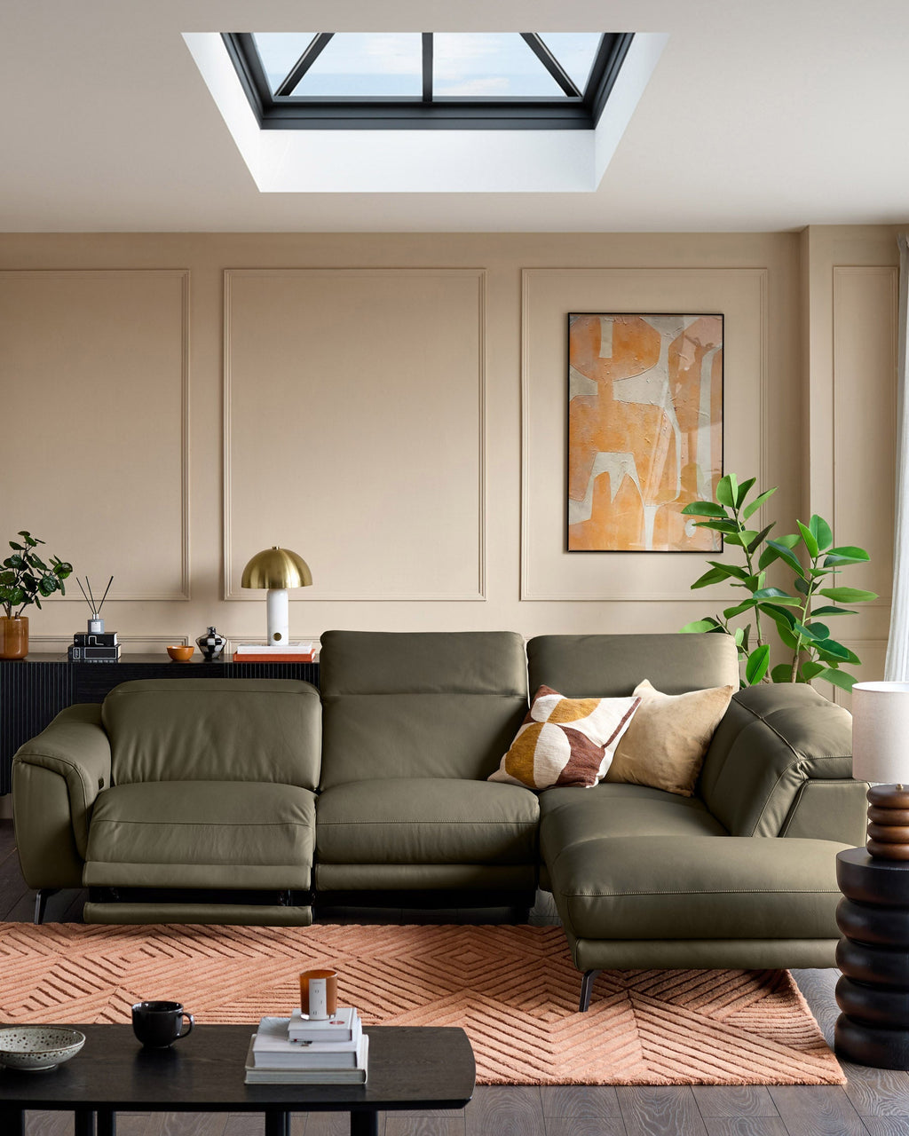 Canapé d'angle droit en cuir vert olive Connor